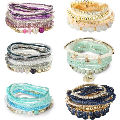 LOYALLOOK 6 Sets Bohemian Stackable Bead Bracelets for Women Stretch Bohemian Style Stretch Multilayered Boho Bracelet Set