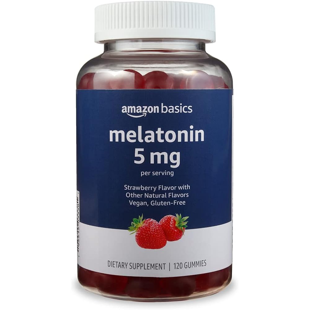 Amazon Basics Melatonin, Sleep Support Gummies, Strawberry Flavor, 5mg, 120 Count (Previously Solimo)