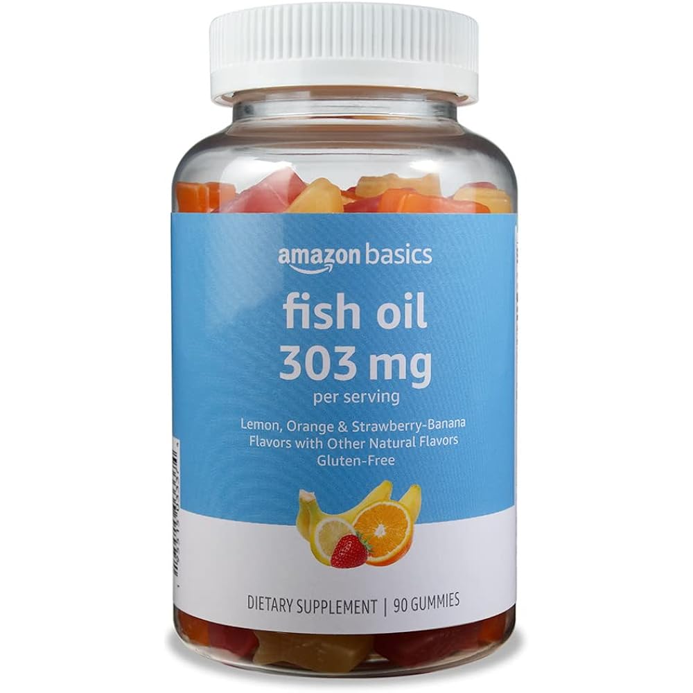 Amazon Basics Fish Oil 303 mg, Lemon, Orange & Strawberry-Banana flavors, 90 Gummies (2 per Serving), EPA and DHA Omega-3 fatty acids (Previously Solimo)