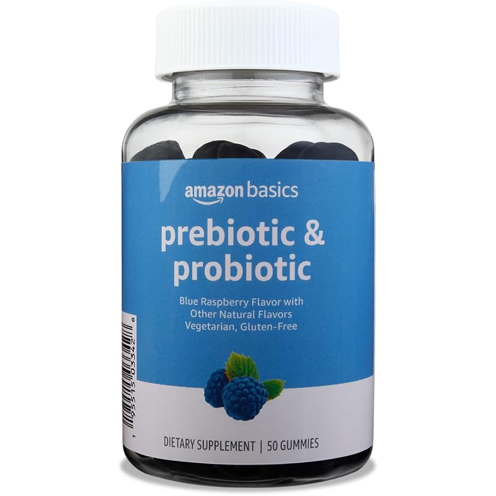 Amazon Basics Prebiotic & Probiotic Gummies, Blue Raspberry Flavor, 2 Billion CFU, Vegetarian, Gluten-Free, 50 Count (Previously Solimo)