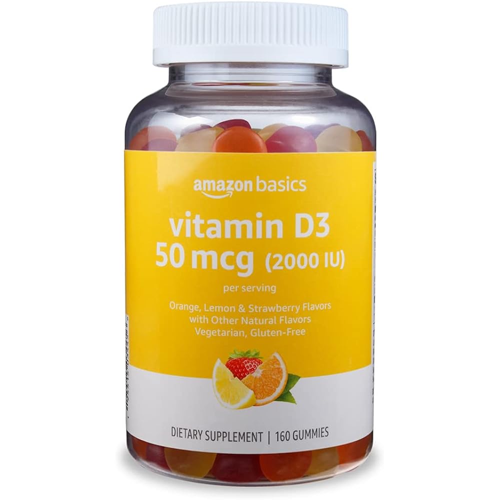 Amazon Basics Vitamin D3 2000 IU Gummies, Orange, Lemon & Strawberry, 160 Count (2 per Serving) (Previously Solimo)