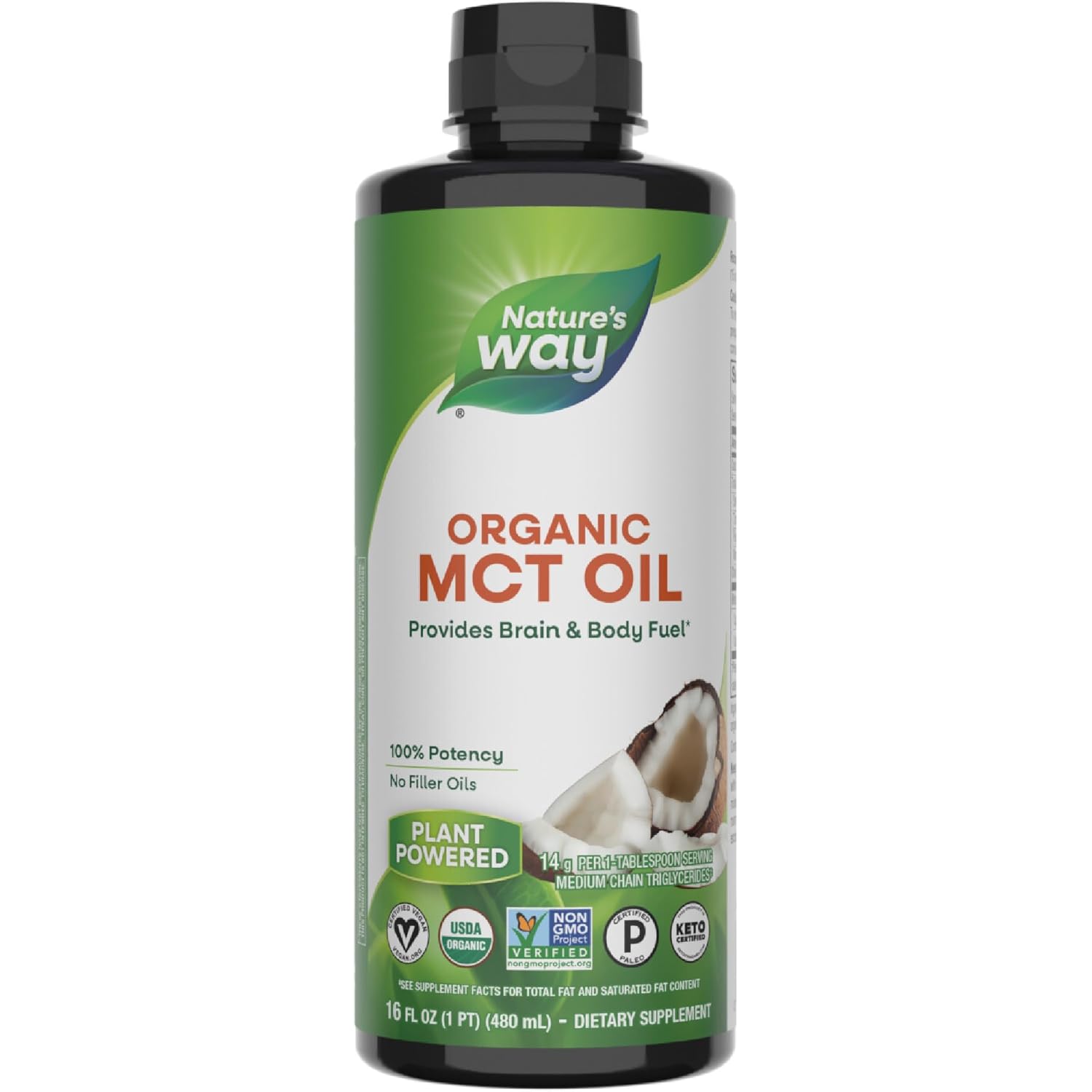 Nature's Way Organic MCT Oil, 16 Fl Oz, Brain and Body Fuel from Coconuts*, C8 Caprylic Acid and C10 Capric Acid, Keto and Paleo Certified, Organic, Non-GMO Project Verified
