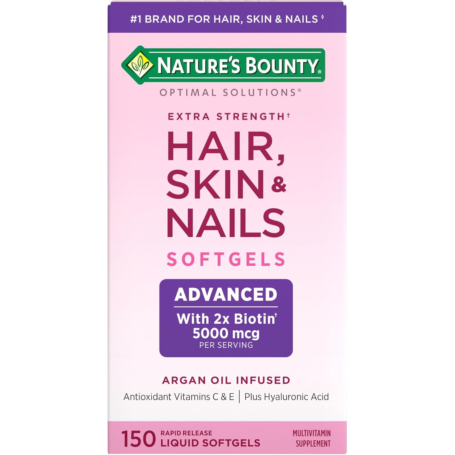 Nature's Bounty Advanced Hair, Skin & Nails, Argan-Infused Vitamin Supplement with Biotin and Hyaluronic Acid, 150 Rapid Release Softgels, 50 Total Servings