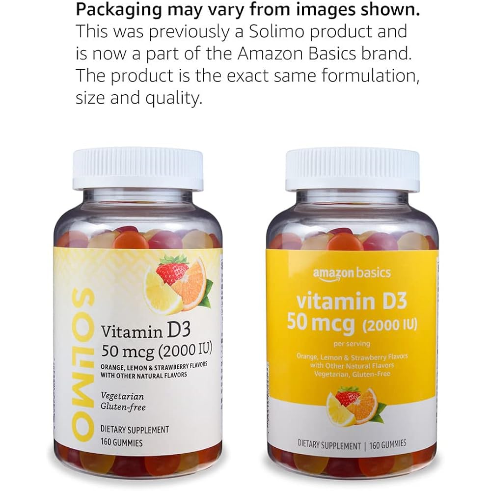 Amazon Basics Vitamin D3 2000 IU Gummies, Orange, Lemon & Strawberry, 160 Count (2 per Serving) (Previously Solimo) - Image 3