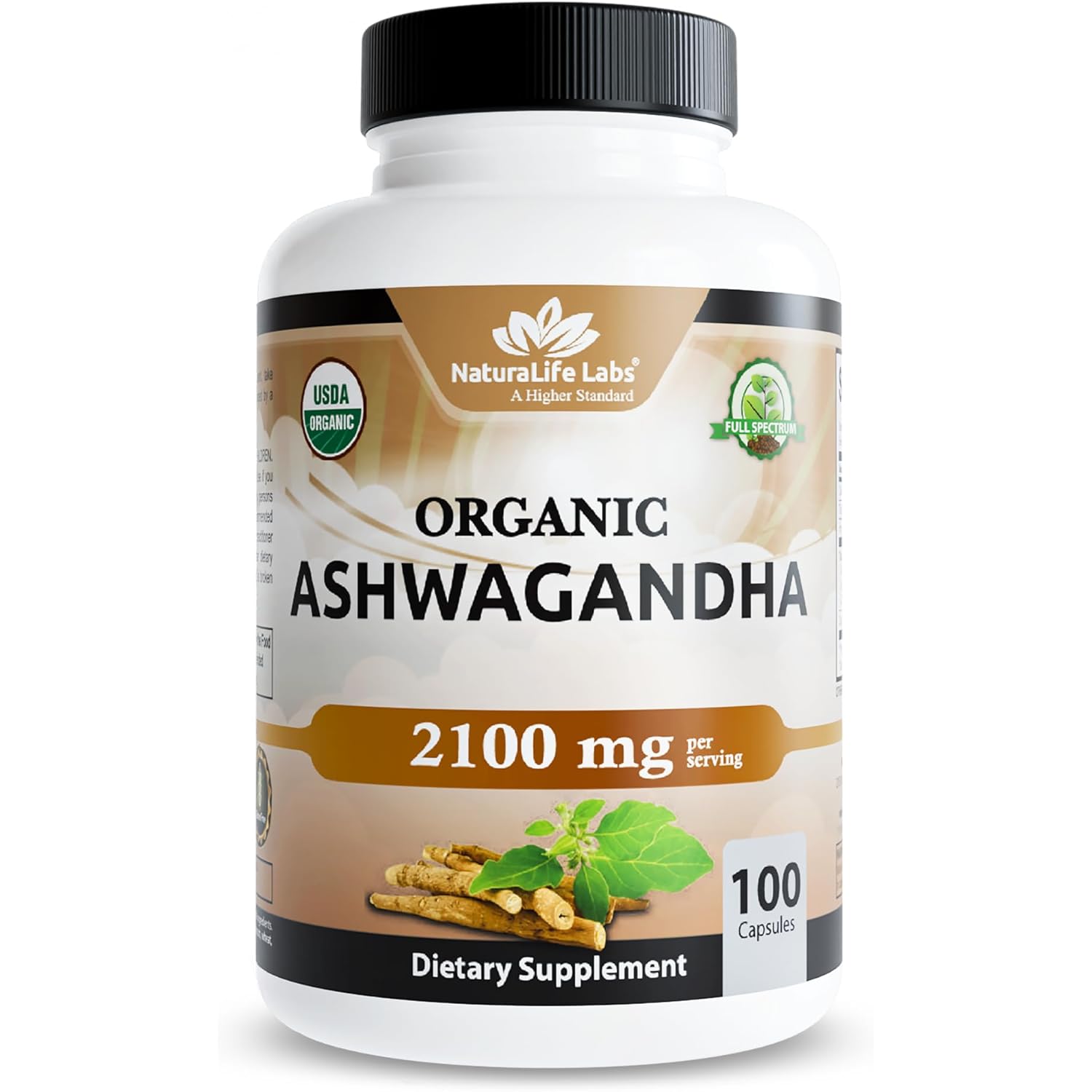 NaturaLife Labs Organic Ashwagandha 2100 mg per Serving – Root Powder & Extract – 100 Capsules – Vegan, Non-GMO, Gluten-Free