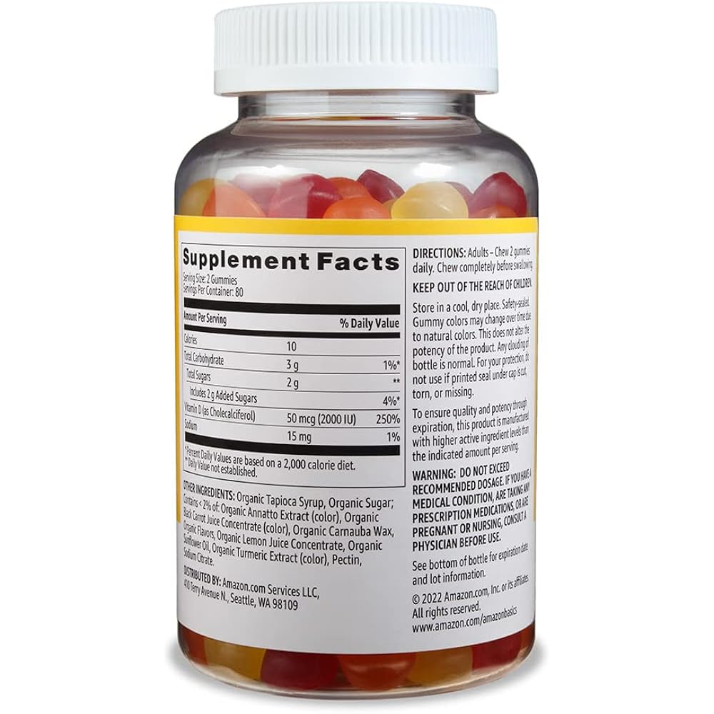 Amazon Basics Vitamin D3 2000 IU Gummies, Orange, Lemon & Strawberry, 160 Count (2 per Serving) (Previously Solimo) - Image 2