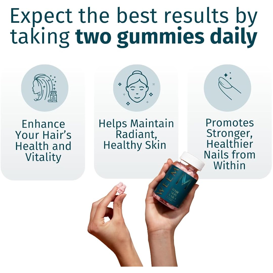 WEEM Hair Skin and Nails Gummies - Supports Healthy Hair - Vegan biotin Vitamins for Women & Men Supports Faster Hair Growth, Stronger Nails, Healthy Skin, Extra Strength (1) - Image 2