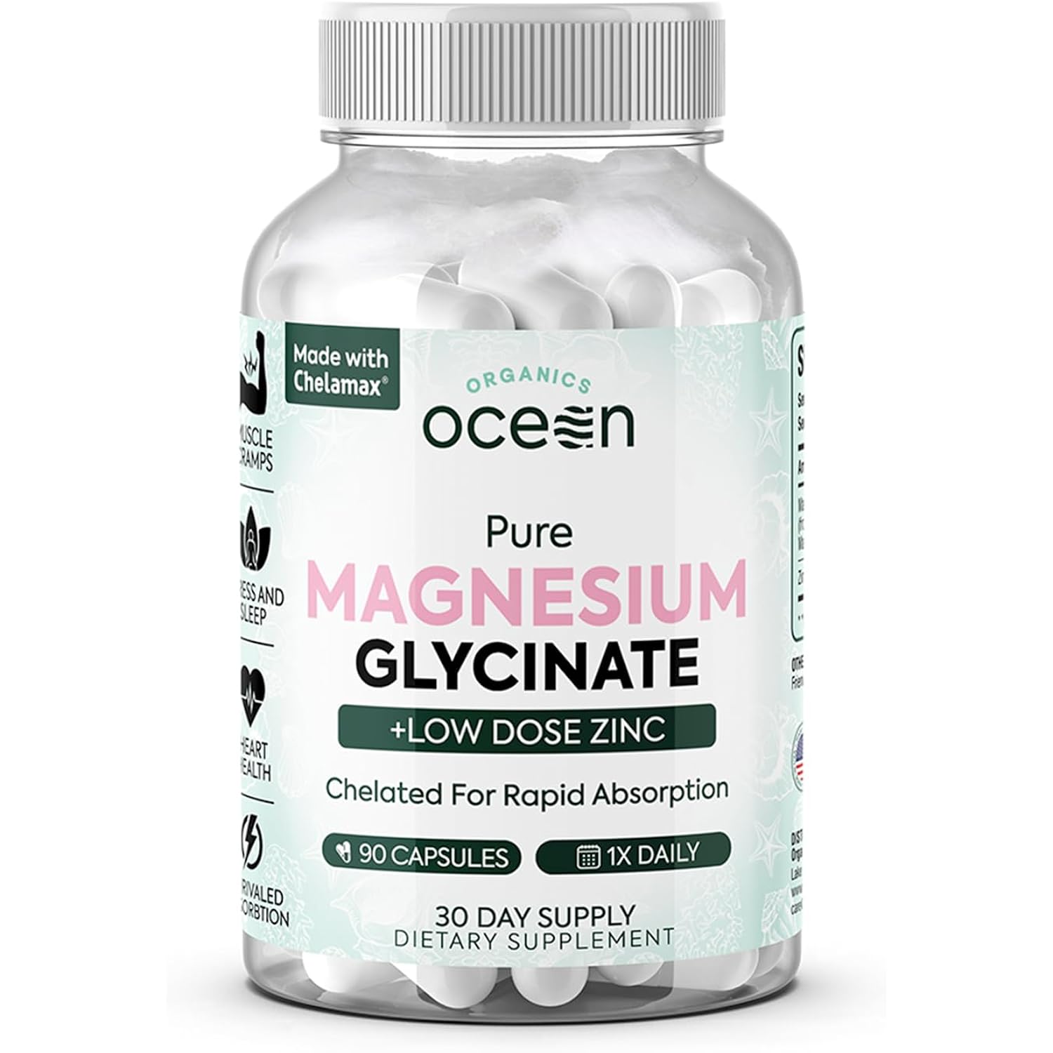 Organics Ocean Pure Magnesium Glycinate with Zinc - Maximum Strength Chelated Magnesium Supplement for Women and Men for Muscle Cramps and Sleep Support - 90 Capsule