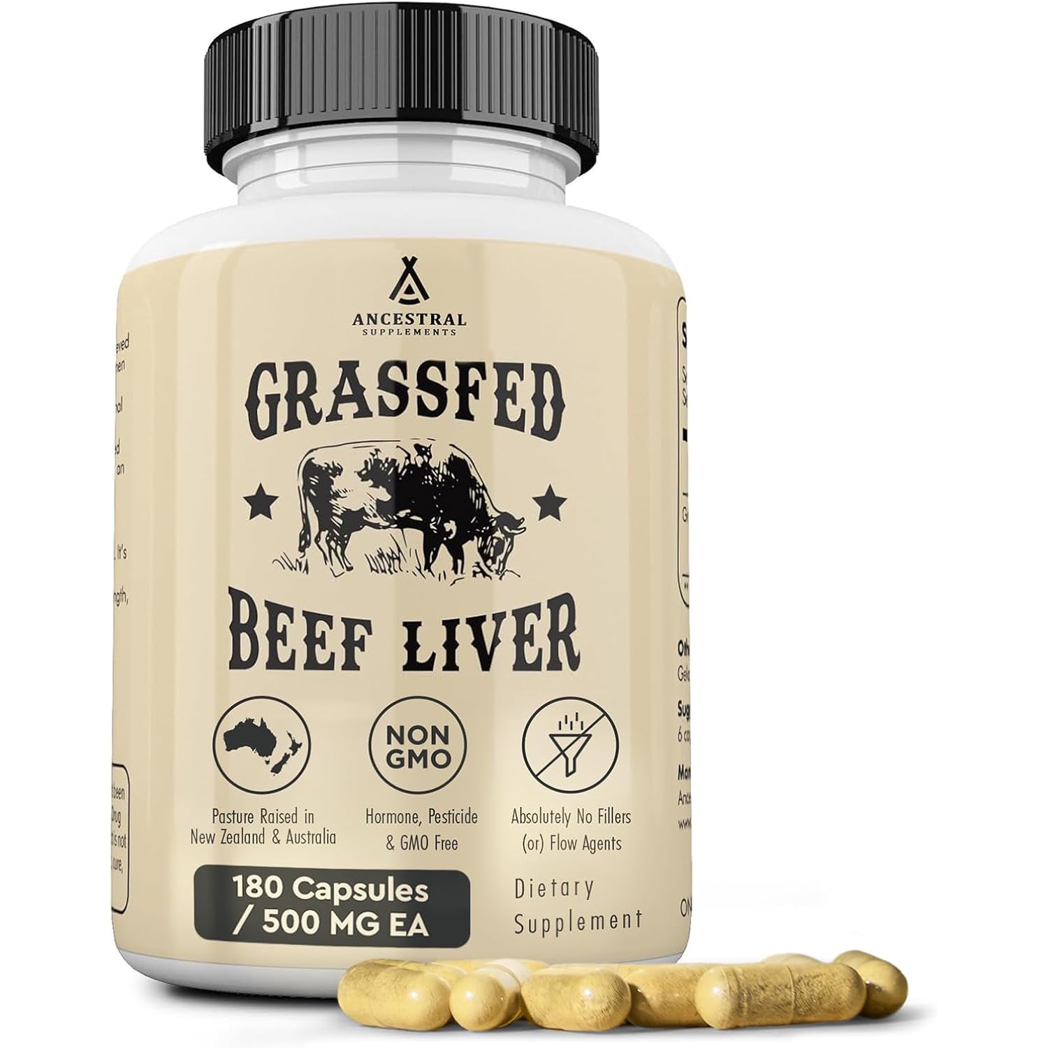 Ancestral Supplements Grass Fed Beef Liver 180 Capsules, Supports Energy Production, Detoxification, Digestion, Immunity and Full Body Wellness, Non-GMO, Freeze Dried Liver Health Supplement