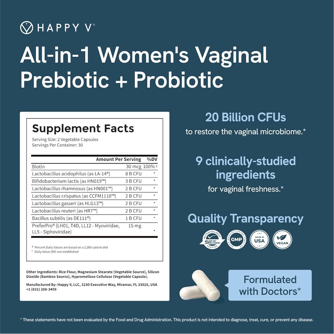 Happy V Dr. Formulated Vaginal Probiotics for Women Odor & Itch Support, Urinary & Gut Health, pH Balance | Womens Daily Probiotic with Patented Prebiotics & Lactobacillus for Feminine Wellness - Image 6