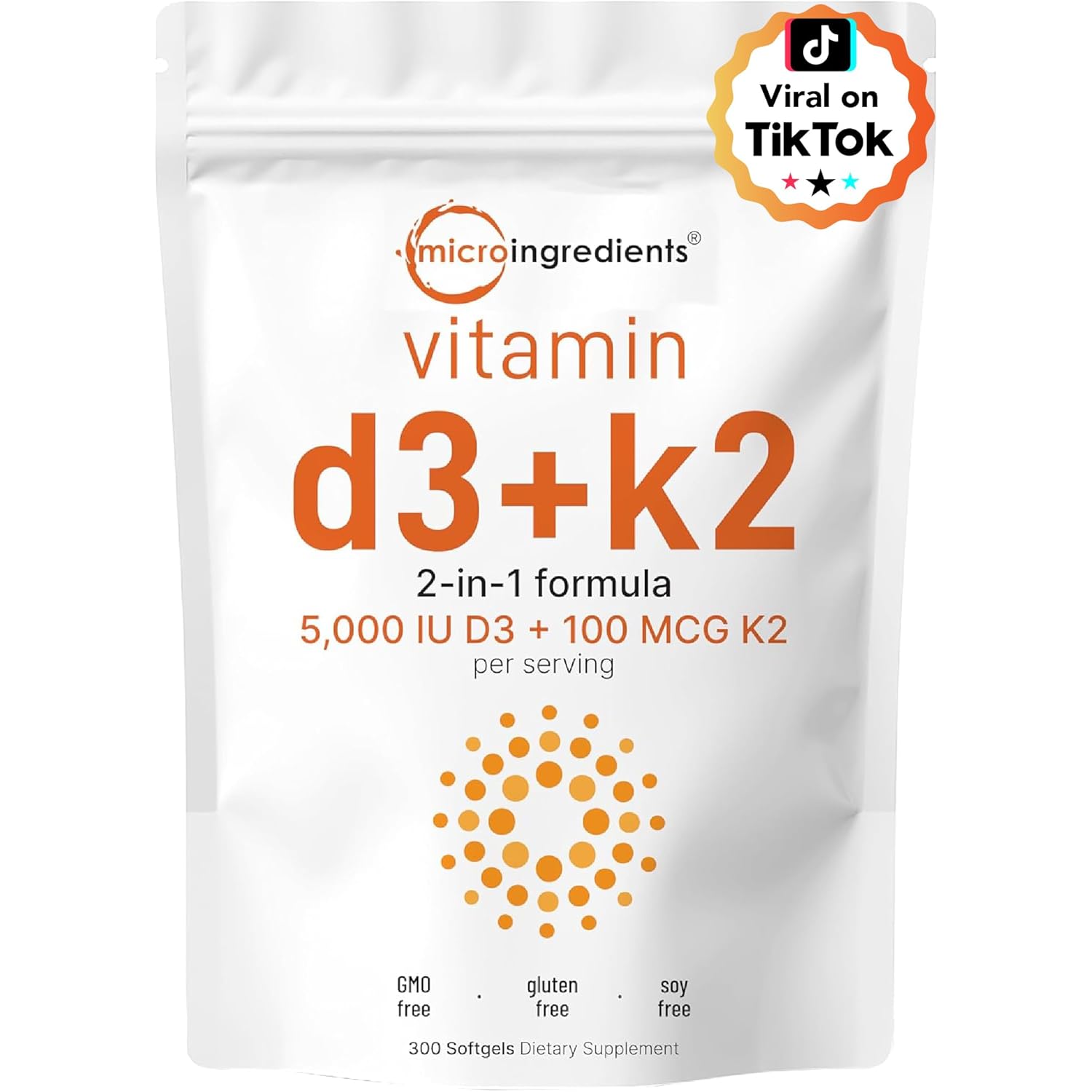 Micro Ingredients Vitamin D3 5,000 IU + K2 MK-7 100 mcg, 300 Softgels | 2-in-1 Vitamins D & K Complex | Extra Strength, Easy to Swallow, Non-GMO, Gluten Free