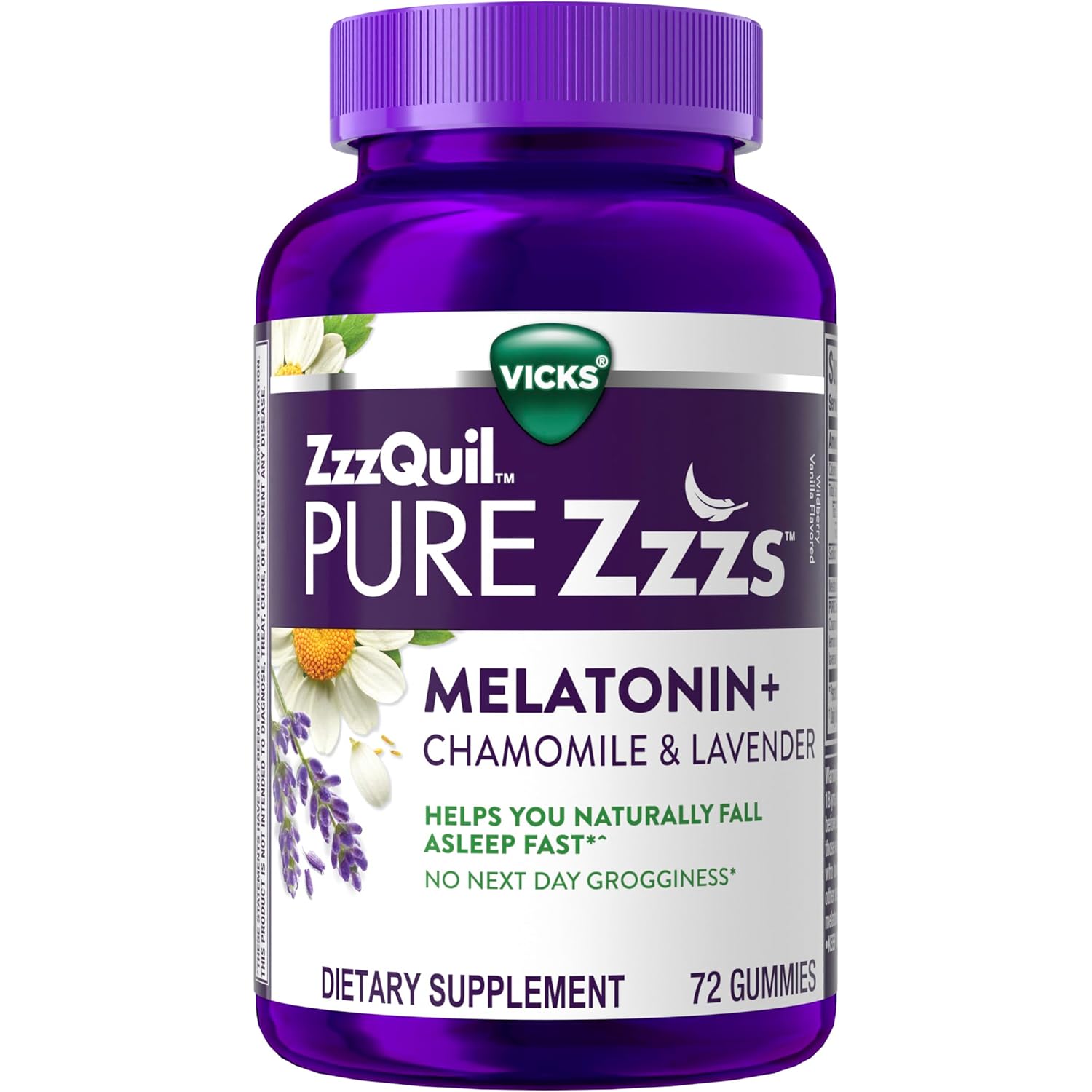 ZzzQuil PURE Zzzs Melatonin Gummies, Sleep Aid, Melatonin 2mg, with Chamomile & Lavender, Melatonin Sleep Gummies, Sleep Aids for Adults, Wildberry Vanilla Flavored, 72 Sleep Gummies