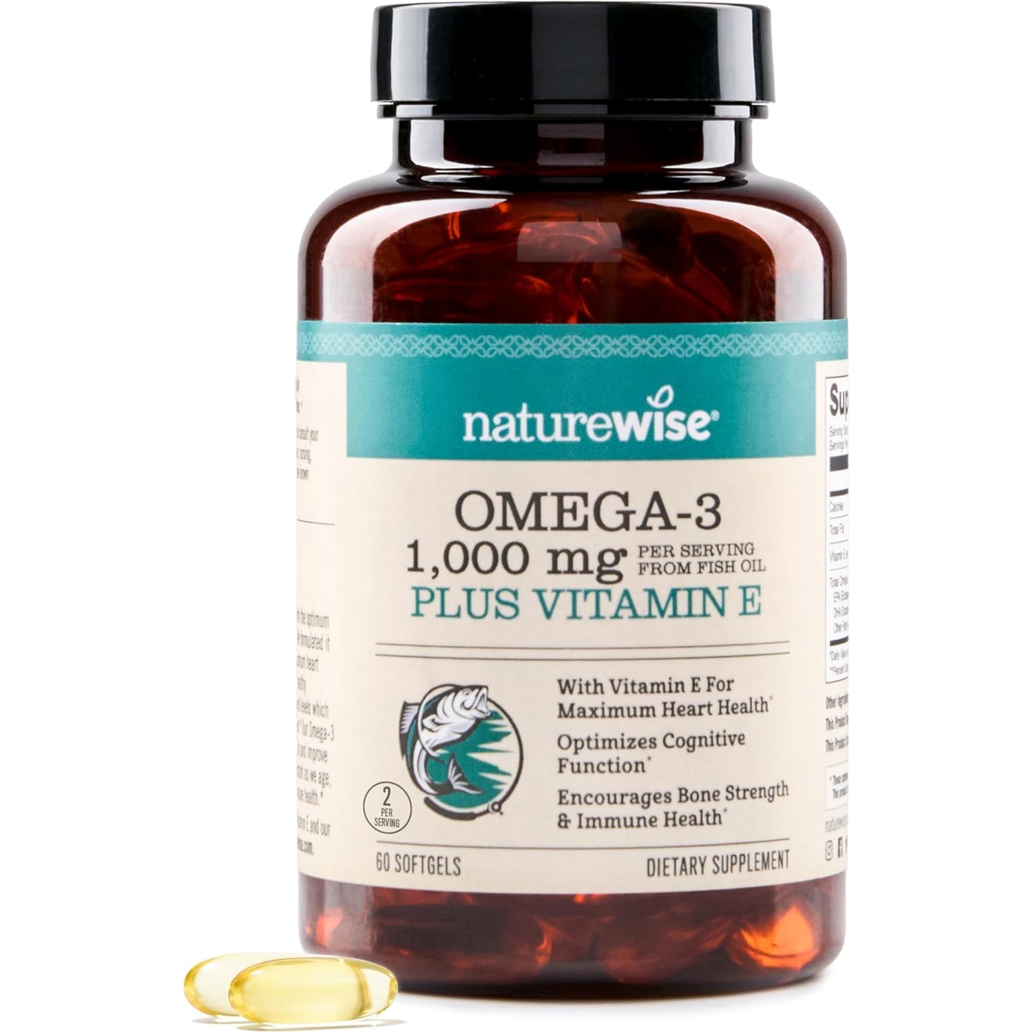 NatureWise Extra-Strength Omega 3 Fish Oil Supplement - 1000mg per Serving - 600 EPA & 400 DHA and Vitamin E - Support for Heart & Brain Health - Lemon Flavor, GMO-Free - 60 Softgels[1-Month Supply]