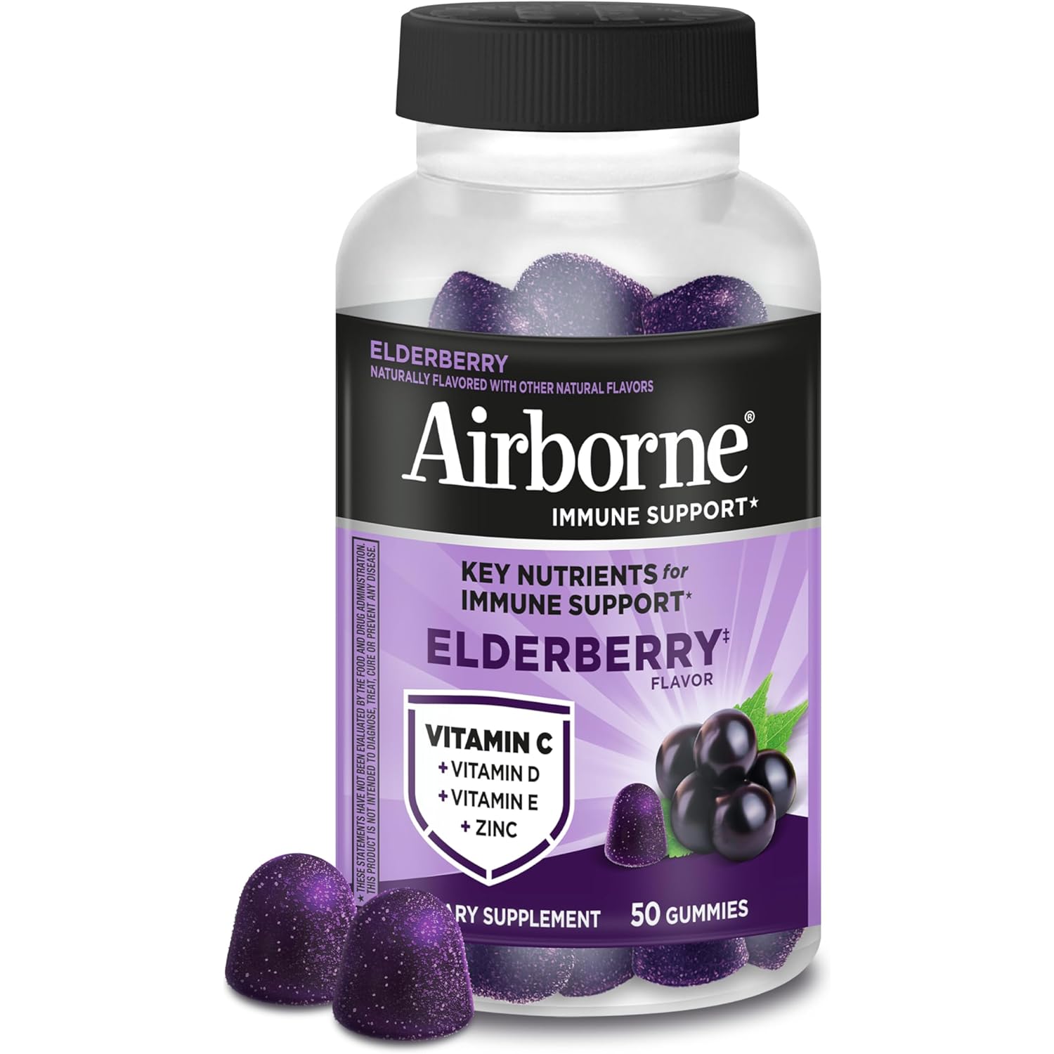Airborne Elderberry + Zinc & Vitamin C Gummies For Adults, Immune Support Vitamin D & Zinc Gummies With Powerful Antioxidant Vitamins C D & E - 50 Gummies, Elderberry Flavor