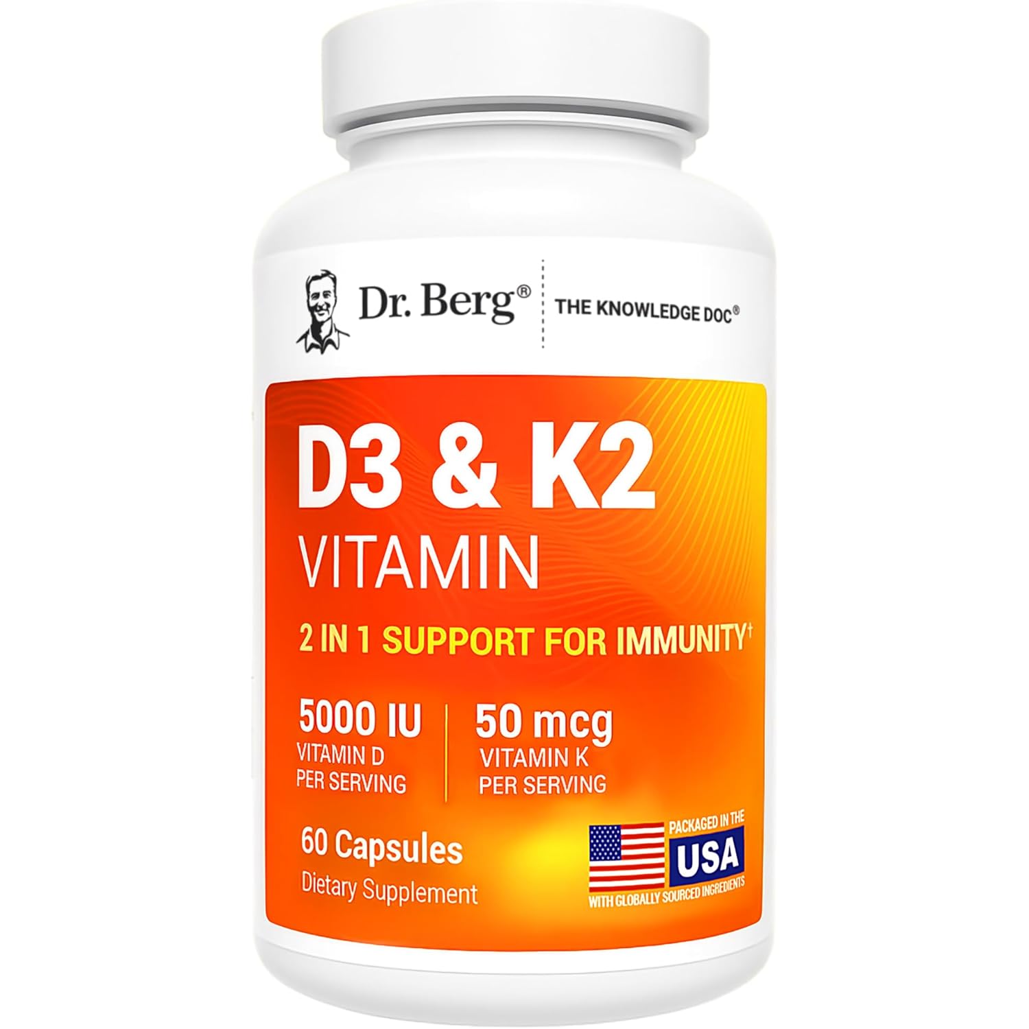 Dr. Berg Maximum Strength 2-in-1 Vitamin D3 K2 5000 IU | Naturally Derived D3 | 4X Lab-Tested & Verified | High Absorption Formula | K2 D3 Vitamin Supplement - 60 Capsules