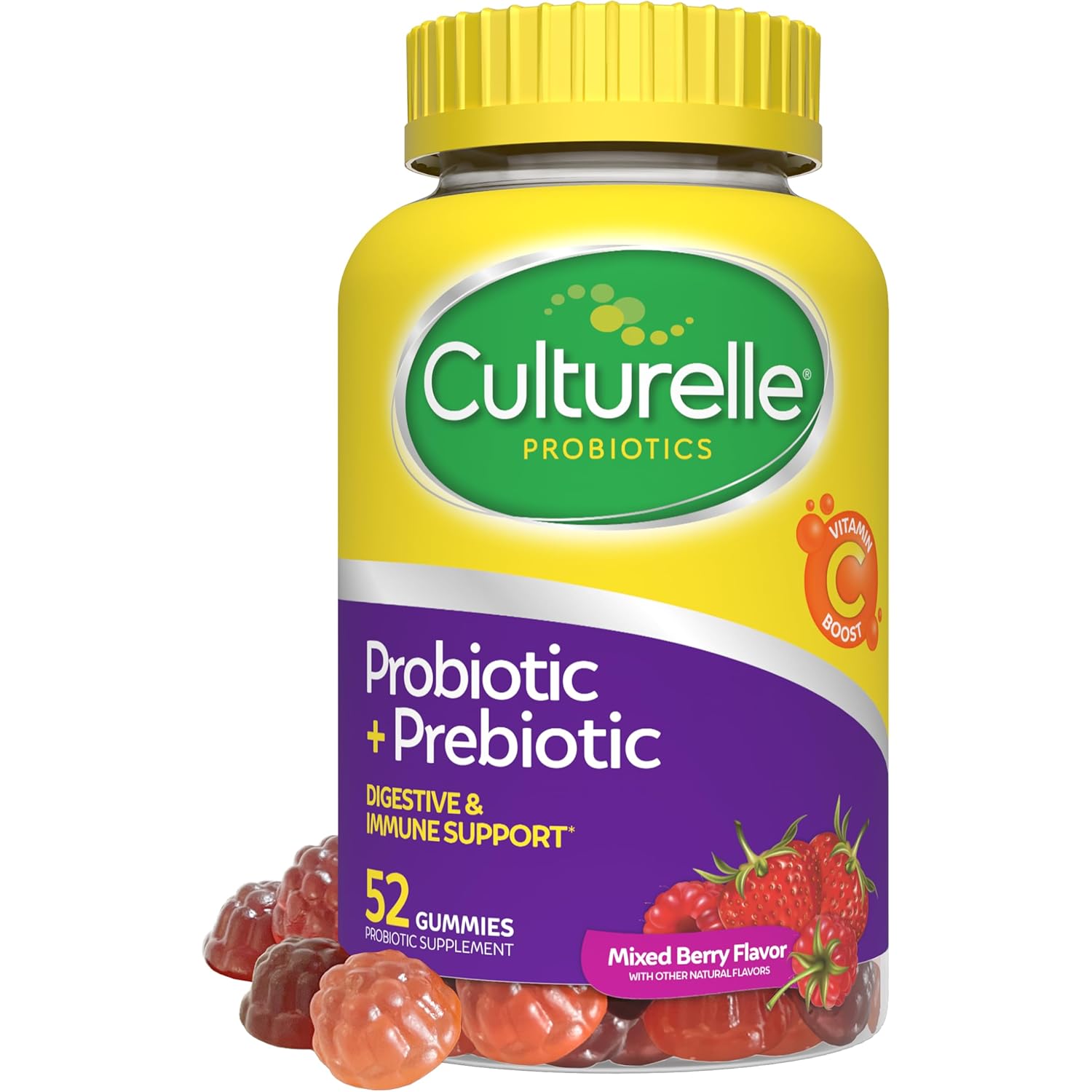 Culturelle Daily Probiotic Gummies for Women & Men, Berry Flavor, 52 Count, Naturally-Sourced Daily Probiotic + Prebiotic for Digestive Health, Non-GMO & Vegan