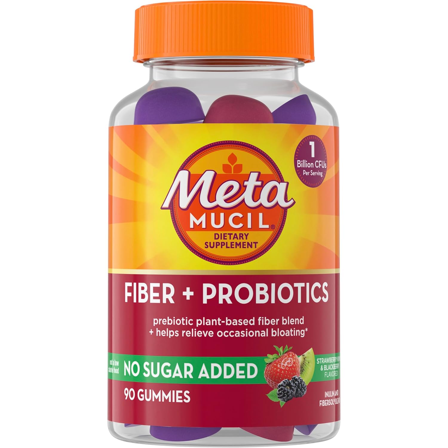 Metamucil Fiber Gummies for Adults with Probiotics for Bloating Relief, No Sugar Added Strawberry Kiwi BlackBerry Flavors, 5g Prebiotic Plant Based Fiber Supplement Blend, 90 Count