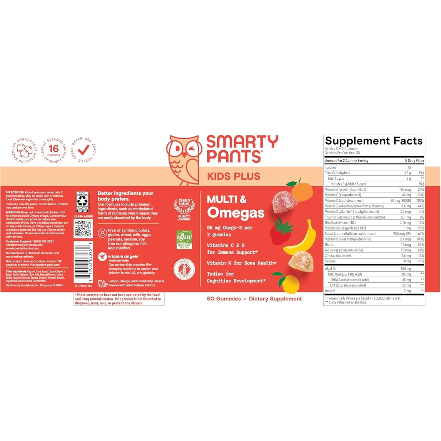 SmartyPants Kids Multivitamin Gummies - Improved Formula: Omega 3 (DHA/EPA), Vitamins D3, C, B12, B6, Vitamin A, K & Zinc, Gluten Free, Three Fruit Flavors, 60 Count (30 Day Supply) - Image 15