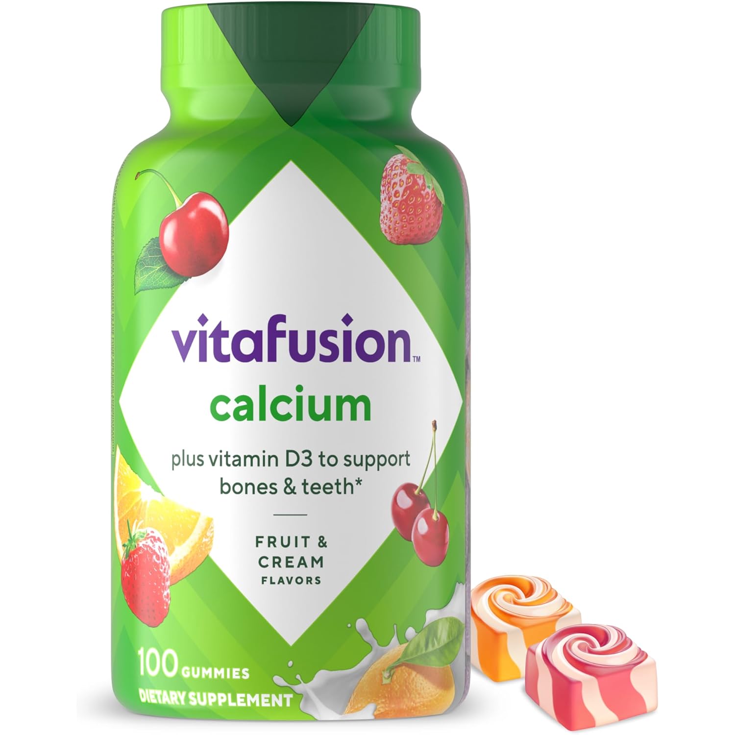 vitafusion Chewable Calcium Gummy Vitamins for Bone and Teeth Support, Calcium Gummies, Fruit and Cream Flavor, 100 Count, 50 Day Supply