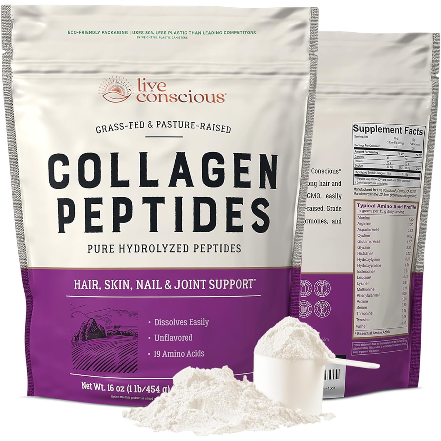 Live Conscious Collagen Peptides Powder - Naturally-Sourced Hydrolyzed Collagen Powder - Hair, Skin, Nail, and Joint Support - Type I & III Grass-Fed Collagen Supplements for Women and Men - 16oz
