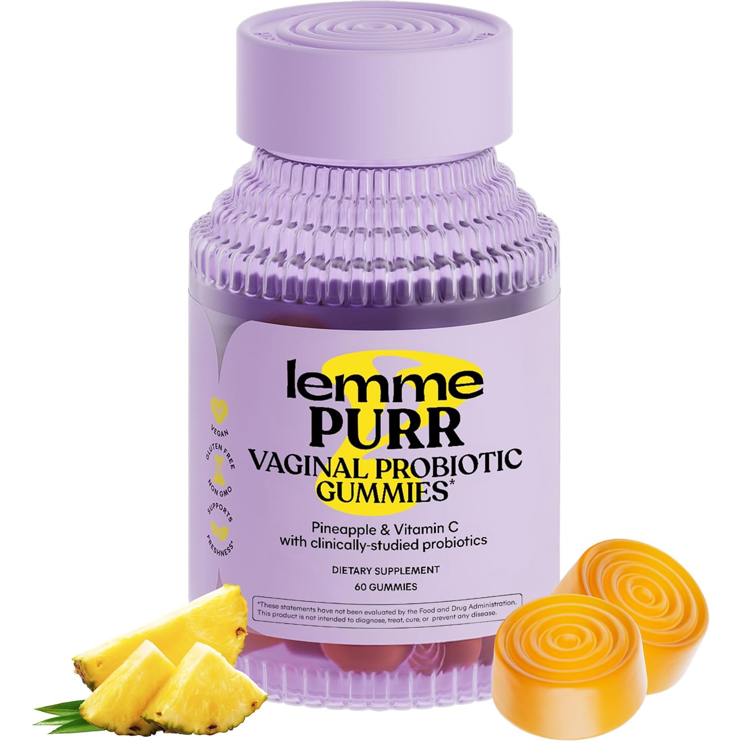 Lemme Purr Vaginal Probiotic Gummies for Women - Balanced pH, Healthy Odor, Yeast Balance & Flora Support + Vitamin C for Immune Health - Tasty Pineapple (60 Count)