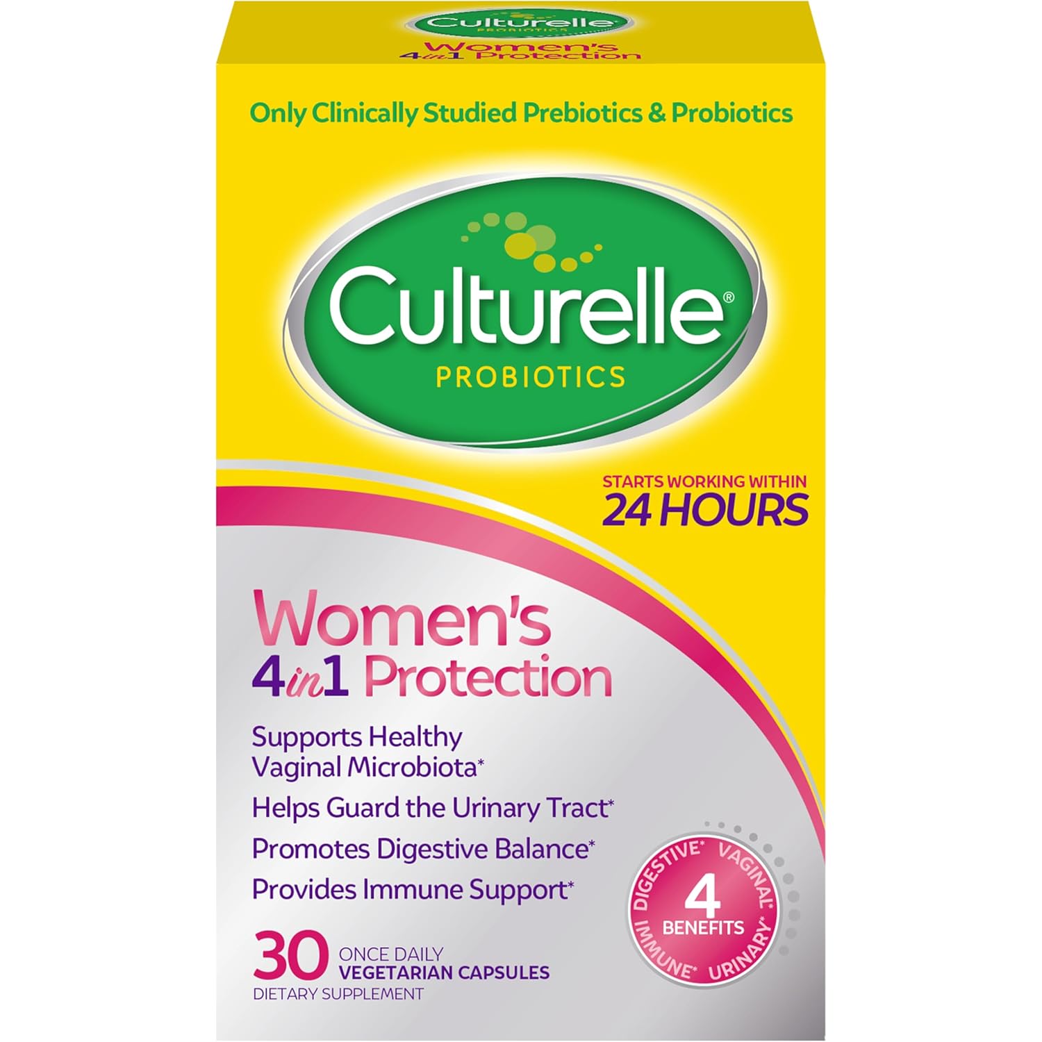 Culturelle 4-in-1 Probiotics for Women, Daily Probiotic & Prebiotic Supplement to Support Vaginal Health, Digestive Health, Immune Health, Occasional Diarrhea, Gas & Bloating Relief, Non-GMO, 30 Count