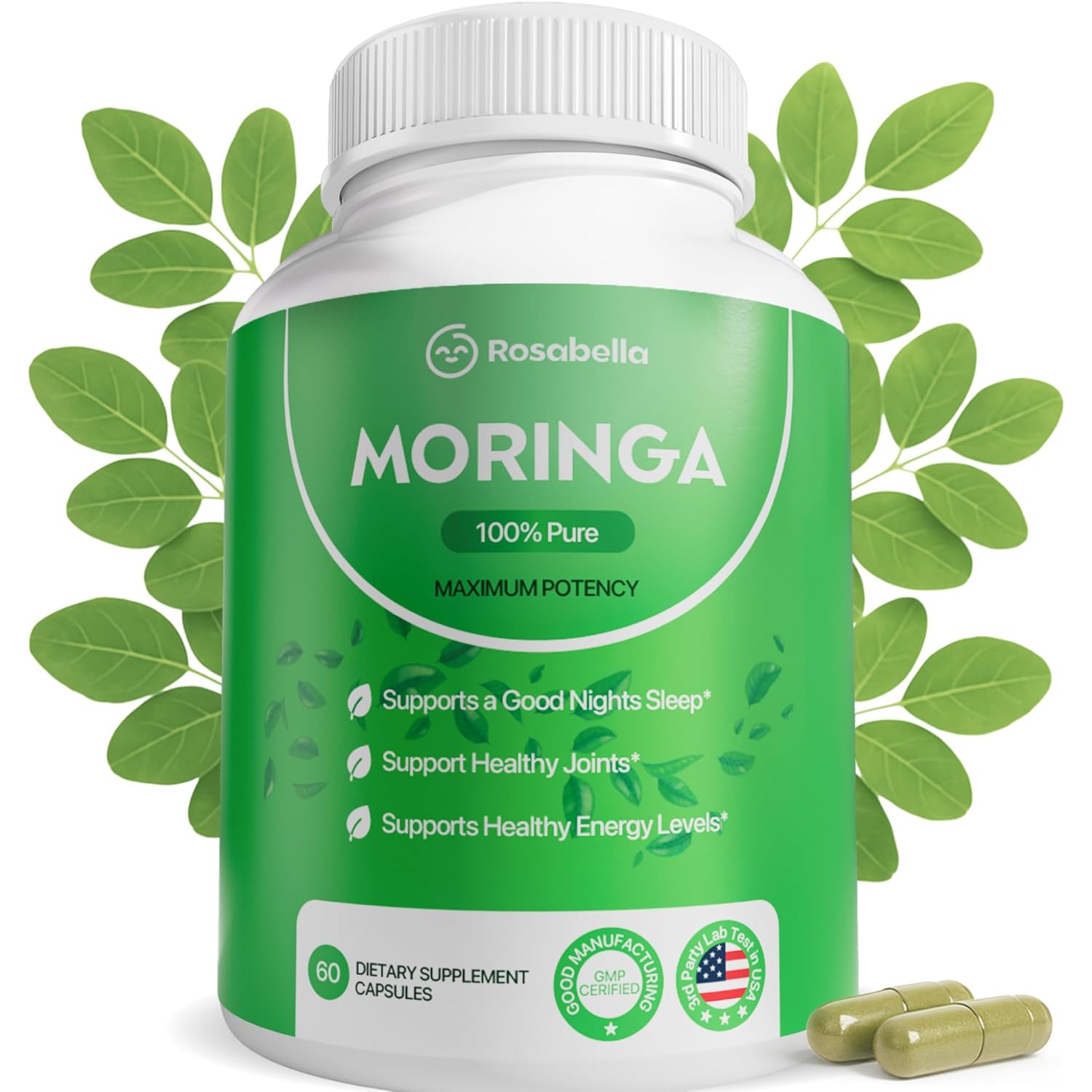Rosabella Moringa Capsules - Pure Moringa Powder, Energy, Skin, Immune & Gut Health Superfood, Rich in Antioxidants, Essential Vitamins & Amino Acids, Natural Green Superfood Supplement - 60 Count
