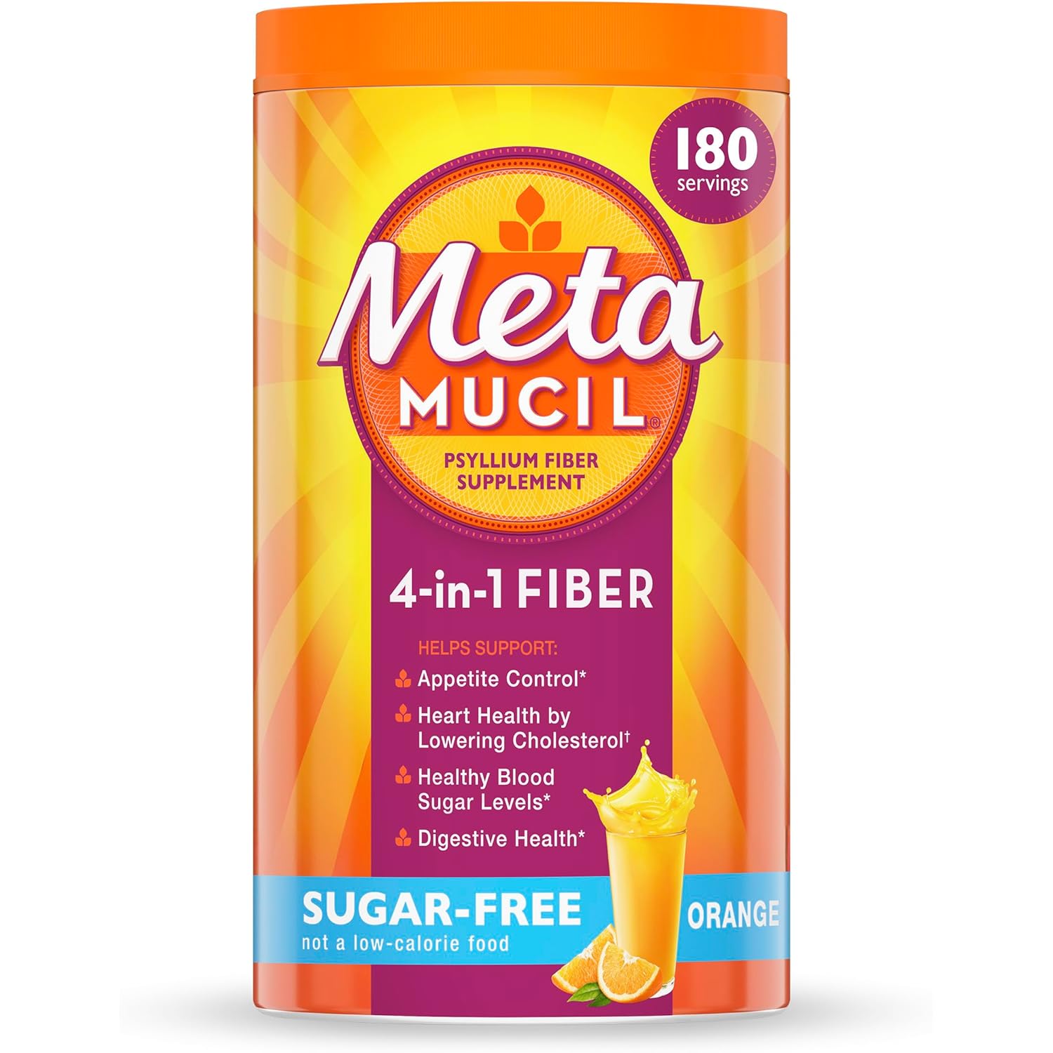 Metamucil 4-in-1 Psyllium Husk Fiber Supplement, Sugar-Free, 180 teaspoons, Orange Flavored, Daily Fiber Powder for Digestive Health, made with Plant-Based Psyllium Husk Fiber