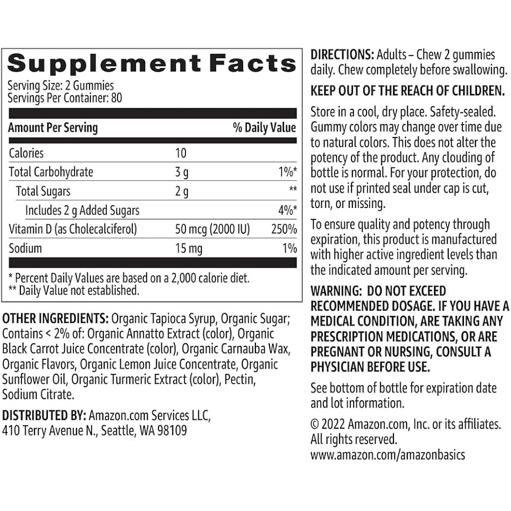 Amazon Basics Vitamin D3 2000 IU Gummies, Orange, Lemon & Strawberry, 160 Count (2 per Serving) (Previously Solimo) - Image 5