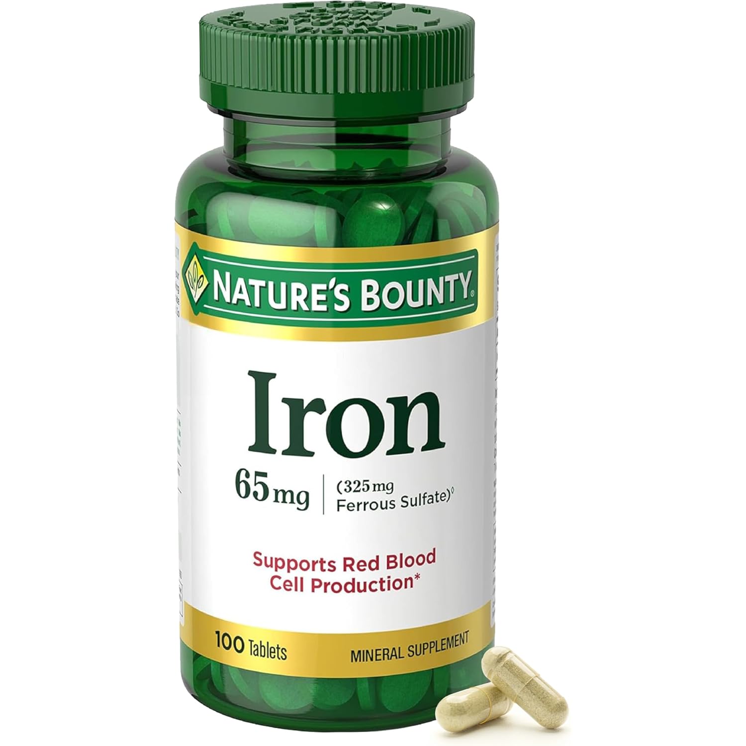 Nature’s Bounty Iron 65mg, 325 mg Ferrous Sulfate, Cellular Energy Support, Promotes Normal Red Blood Cell Production, 1 Serving Per Day, Gluten Free, 100 Vegetarian Tablets