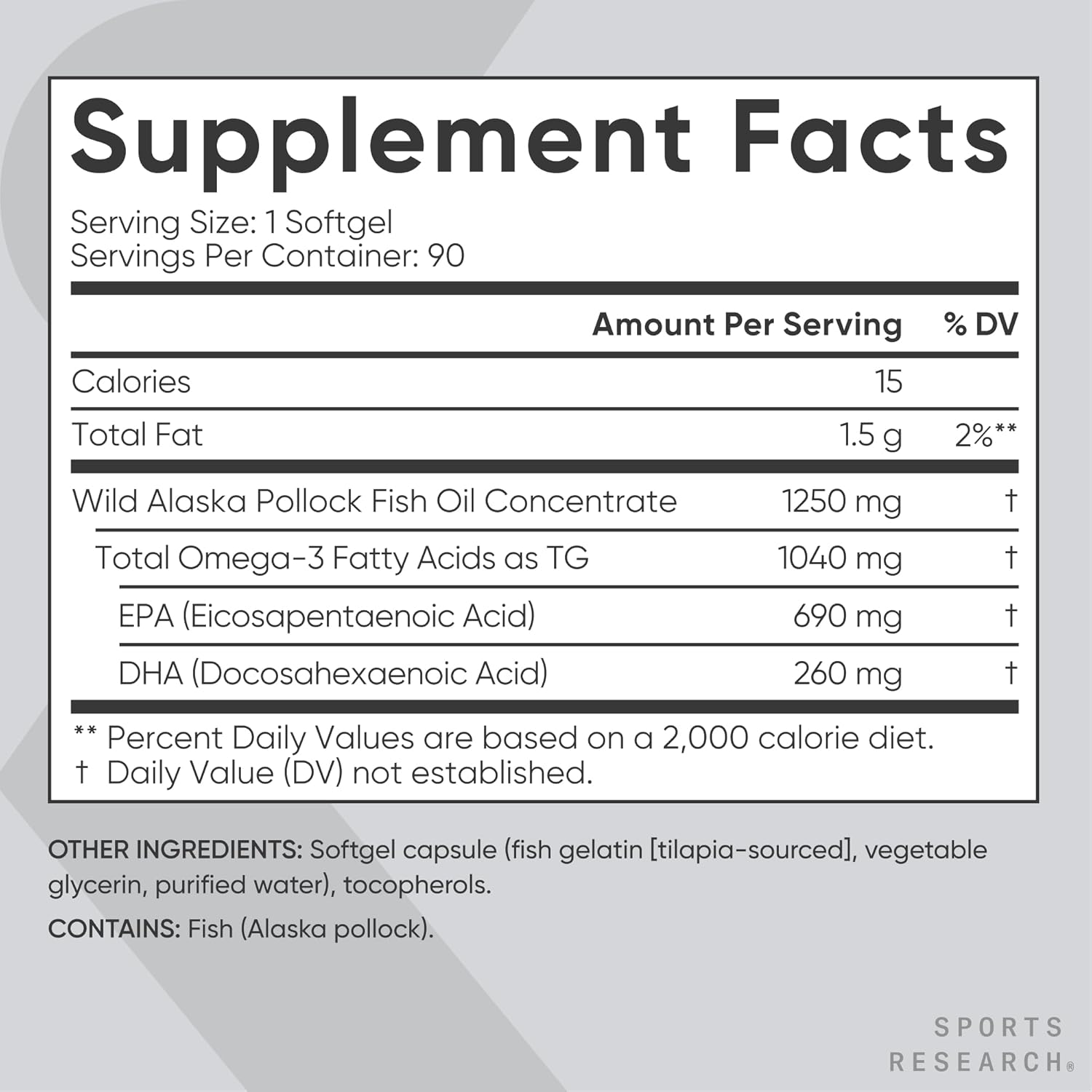 Sports Research® Omega-3 Fish Oil 1250 - Triple Strength Fish Oil Supplement from Wild Alaska Pollock - MSC Certified Sustainable · Non-GMO · Soy Free - 90 Softgel Capsules - Image 5