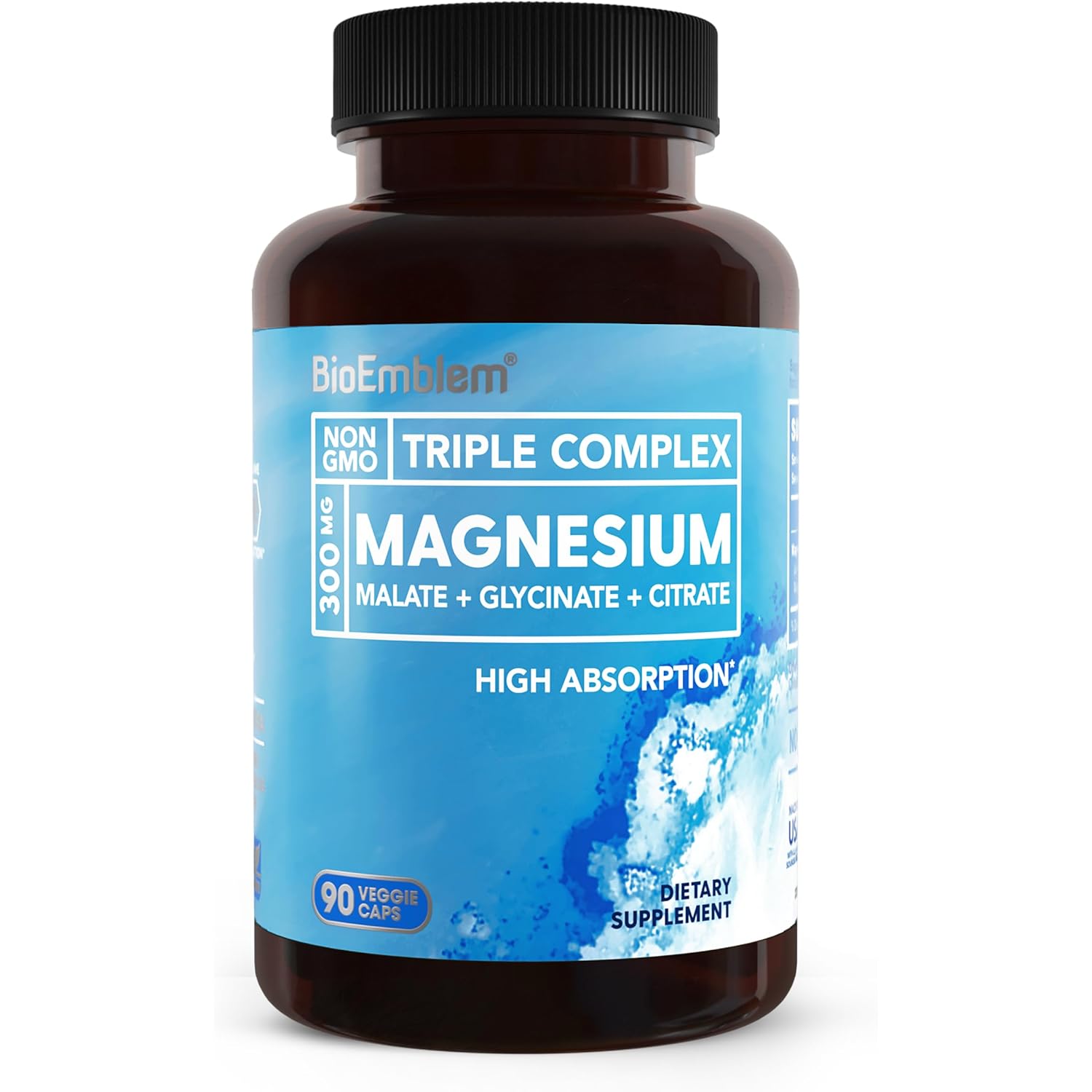 BioEmblem Triple Magnesium Complex | 300mg Magnesium Glycinate, Malate & Citrate | High Absorption Chelated Formula | Vegan, Non-GMO, Gluten-Free | 90 Capsules