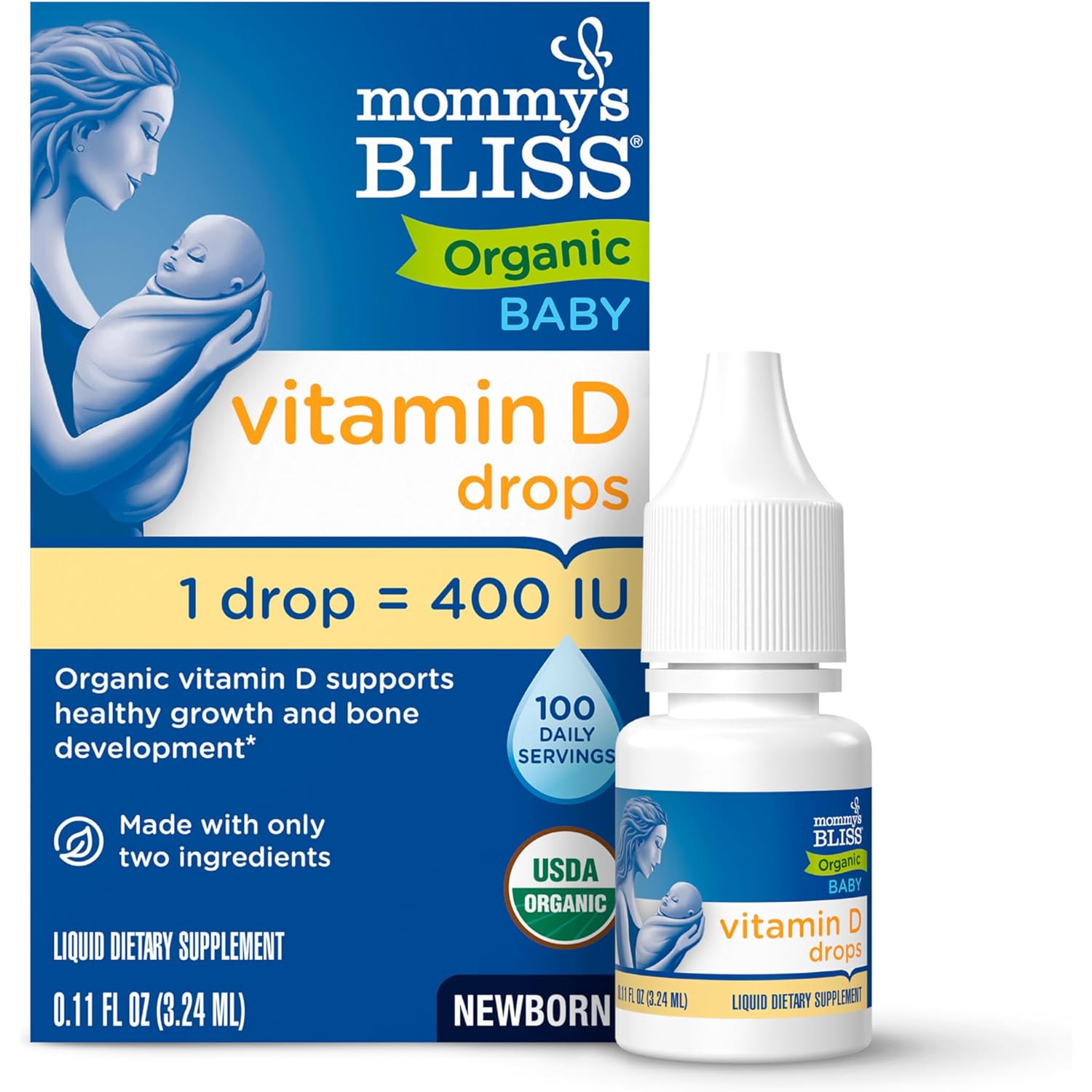 Mommy’s Bliss Organic Vitamin D Drops - Infants and Newborns - Supports Growth and Bone Development - Easy Use Vitamin D3 Supplement For Babies - 400 IU Per Drop - 100 Daily Servings