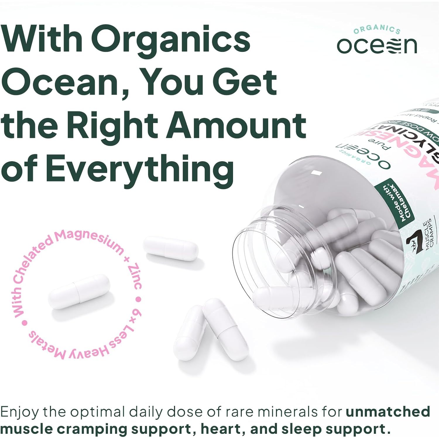 Organics Ocean Pure Magnesium Glycinate with Zinc - Maximum Strength Chelated Magnesium Supplement for Women and Men for Muscle Cramps and Sleep Support - 90 Capsule - Image 3