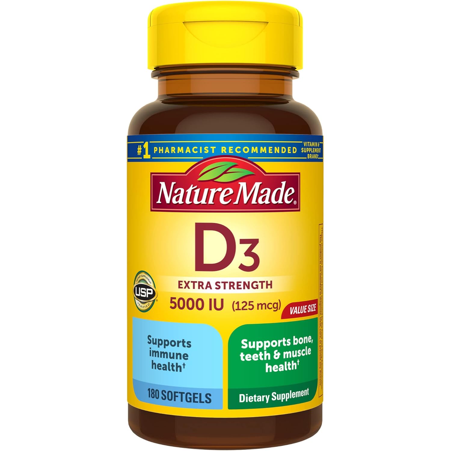 Nature Made Vitamin D3 5000 IU (125 mcg) Softgels, Extra Strength Vitamin D Supplement for Bone and Immune Health Support, 180 Count, 180 Day Supply