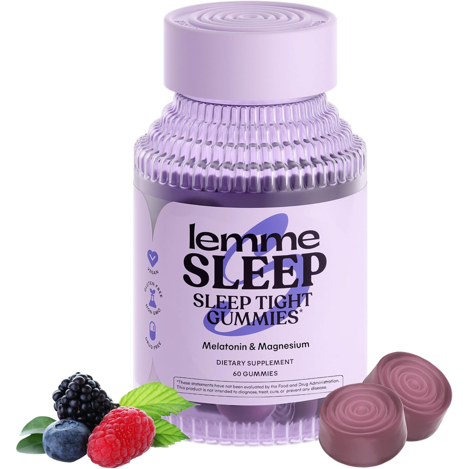 Lemme Sleep Gummies with 5mg Melatonin, Elderberry, Magnesium, L-Theanine, Chamomile and Lavender, Drug-Free Nighttime Sleep Aid, Gluten Free, Gelatin Free, Non GMO, Berry Flavored (60 Count)