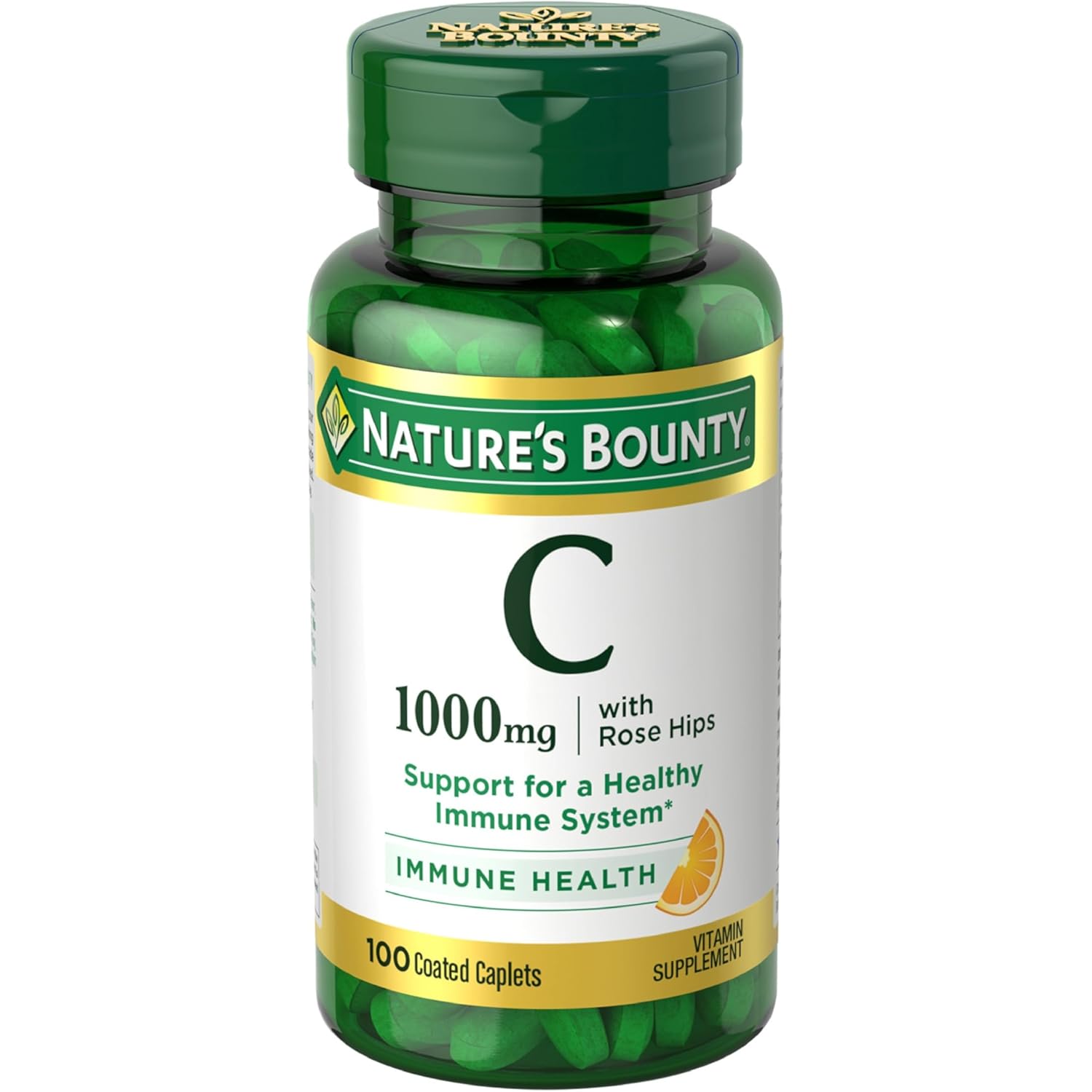 Nature’s Bounty Vitamin C + Rose HIPS, Immune Support, 1000mg Vitamin C, Coated Caplets, 1 Serving per Day, Vegetarian Caplets, 100 Ct