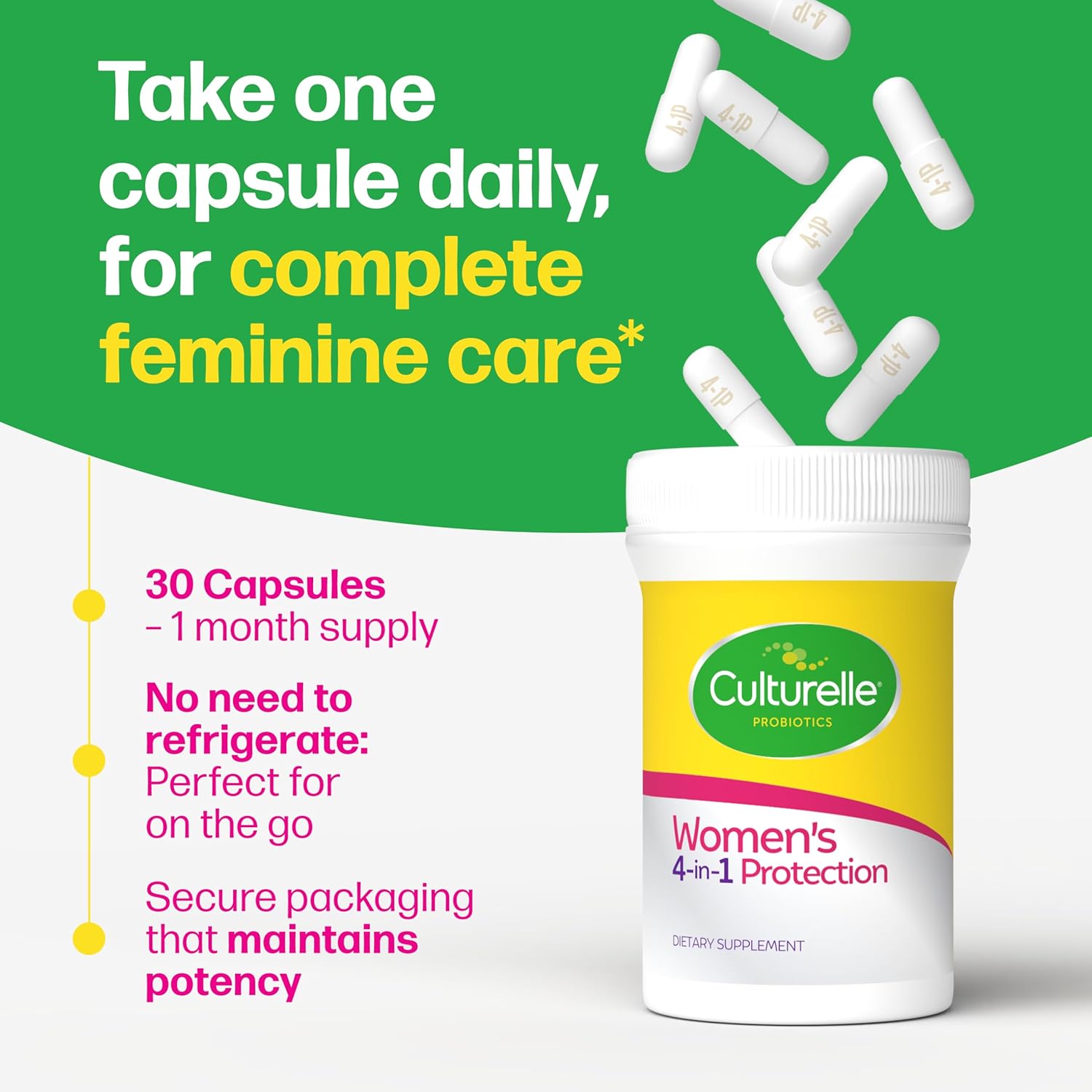 Culturelle 4-in-1 Probiotics for Women, Daily Probiotic & Prebiotic Supplement to Support Vaginal Health, Digestive Health, Immune Health, Occasional Diarrhea, Gas & Bloating Relief, Non-GMO, 30 Count - Image 6