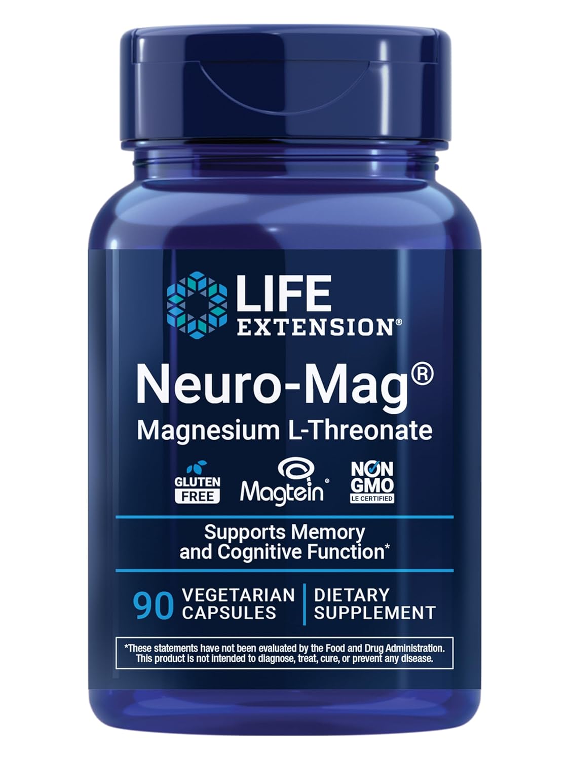 Life Extension Neuro-Mag Magnesium L-Threonate, Memory Health, Quick Thinking, Cognitive Health Support, Vegetarian, Non-GMO, 90 Vegetarian Capsules (144 mg from 2000 mg Magtein magnesium L-threonate