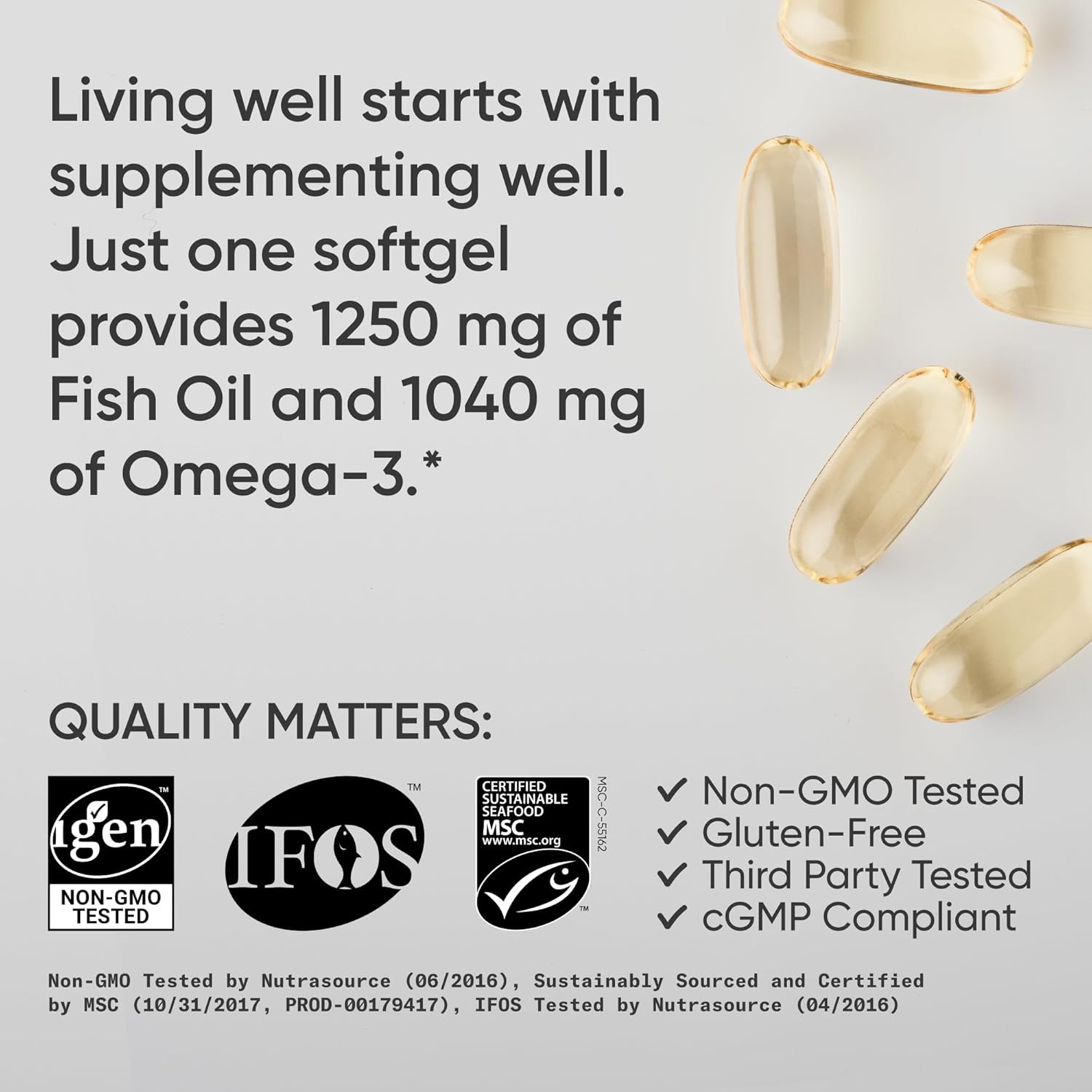 Sports Research® Omega-3 Fish Oil 1250 - Triple Strength Fish Oil Supplement from Wild Alaska Pollock - MSC Certified Sustainable · Non-GMO · Soy Free - 90 Softgel Capsules - Image 4