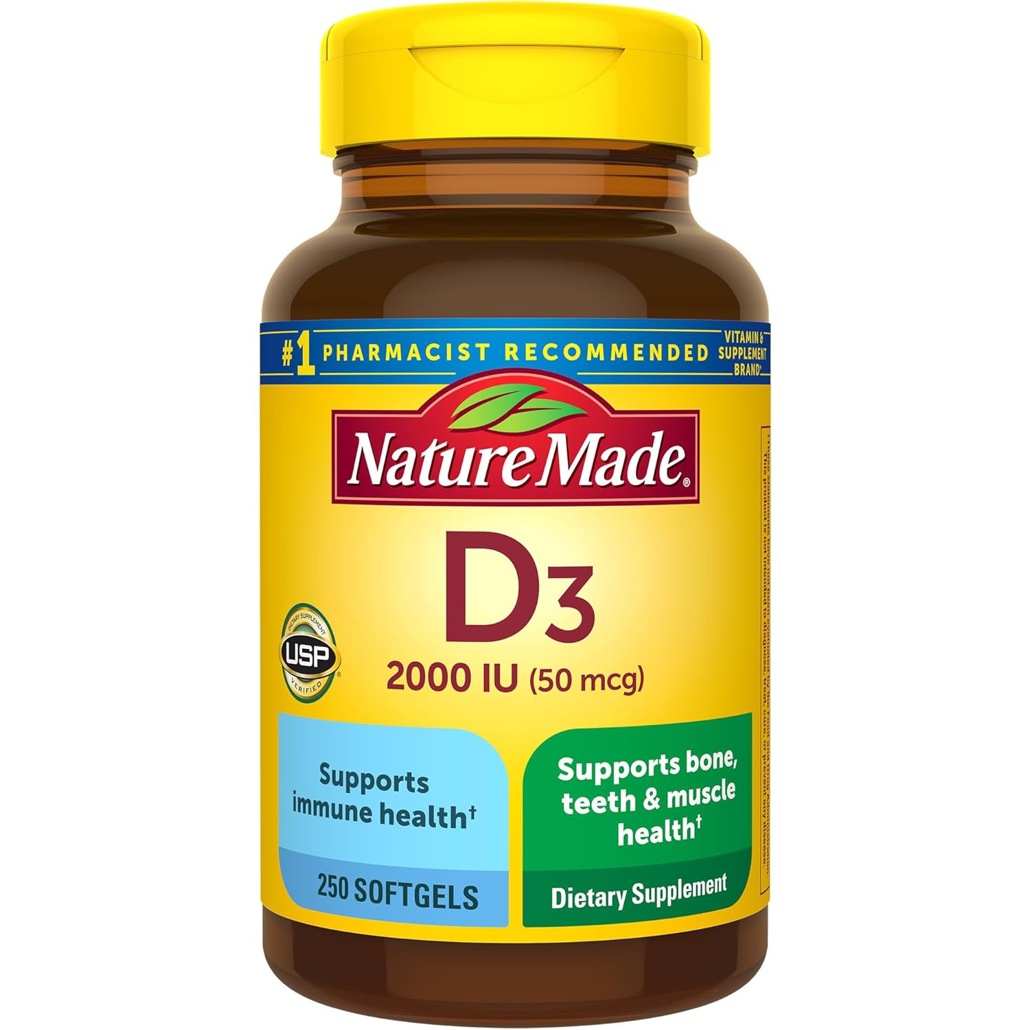 Nature Made Vitamin D3 2000 IU (50 mcg), Vitamin D Supplement for Bone, Teeth, Muscle and Immune Health Support, 250 Softgels, 250 Day Supply