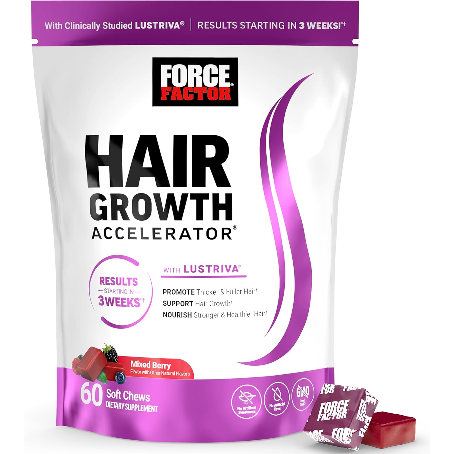 Force Factor Hair Growth Accelerator Soft Chews, Hair Growth Vitamins for Women and Men with Clinically Studied Lustriva and Biotin, Promotes Thicker, Fuller, Stronger Hair, Mixed Berry, 60 Soft Chews