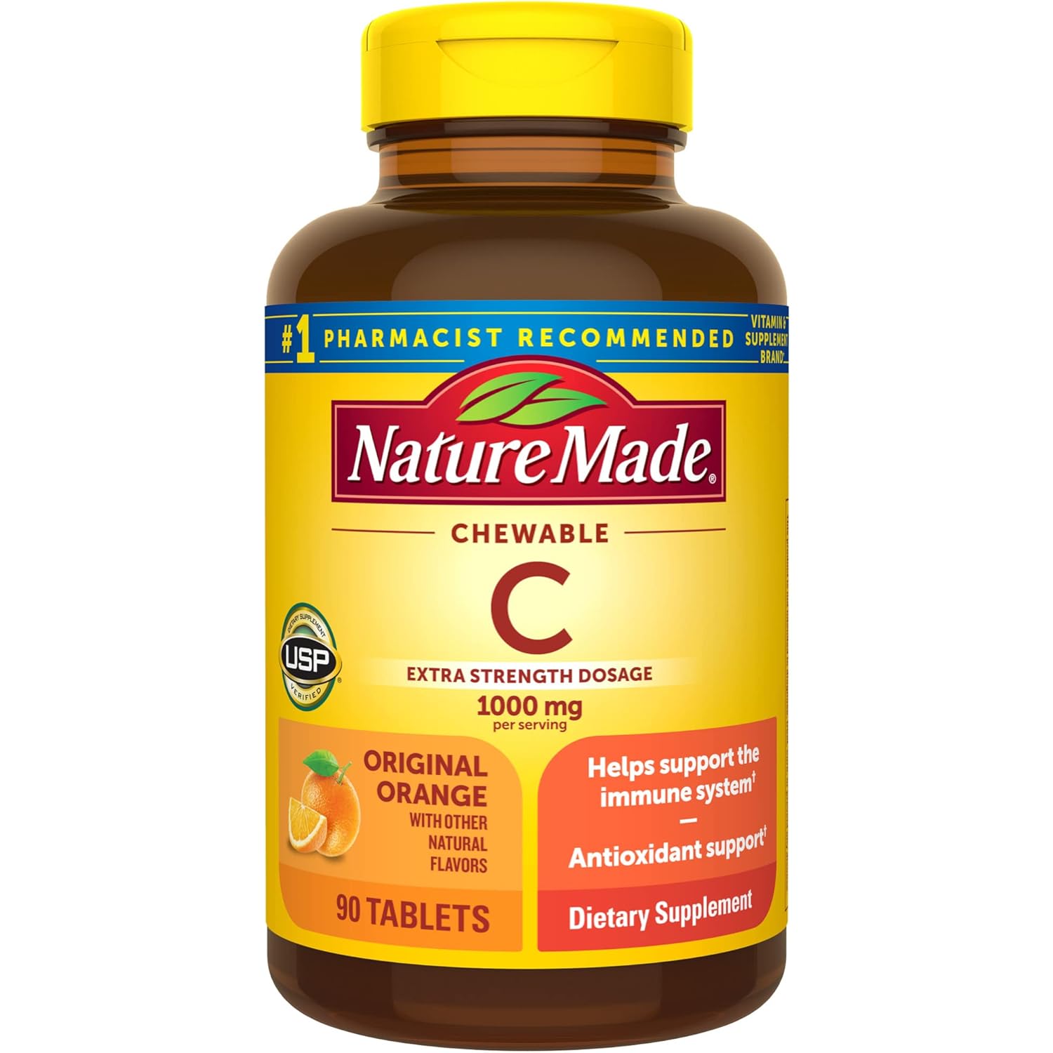 Nature Made Extra Strength Dosage Chewable Vitamin C 1000 mg per serving, Vitamin C Chewable Dietary Supplement for Immune Support, 90 Tablets, 45 Day Supply