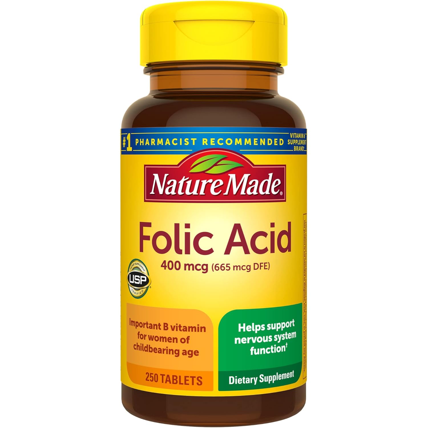 Nature Made Folic Acid 400mcg (665 mcg DFE), Folic Acid Supplements for Women & Men, Dietary Supplement for Nervous System Function, 250 Tablets, 250 Day Supply