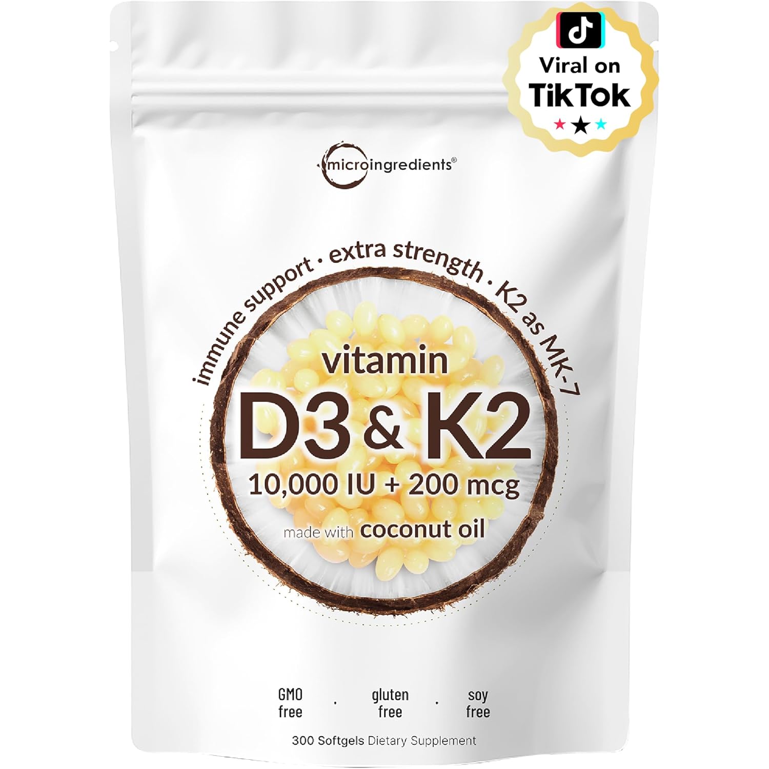 Micro Ingredients Vitamin D3 10,000 IU + K2 MK-7 200 mcg, 300 Softgels with Virgin Coconut Oil | 2-in-1 Vitamins D & K Complex | Extra Strength, Easy to Swallow, Non-GMO, Gluten Free