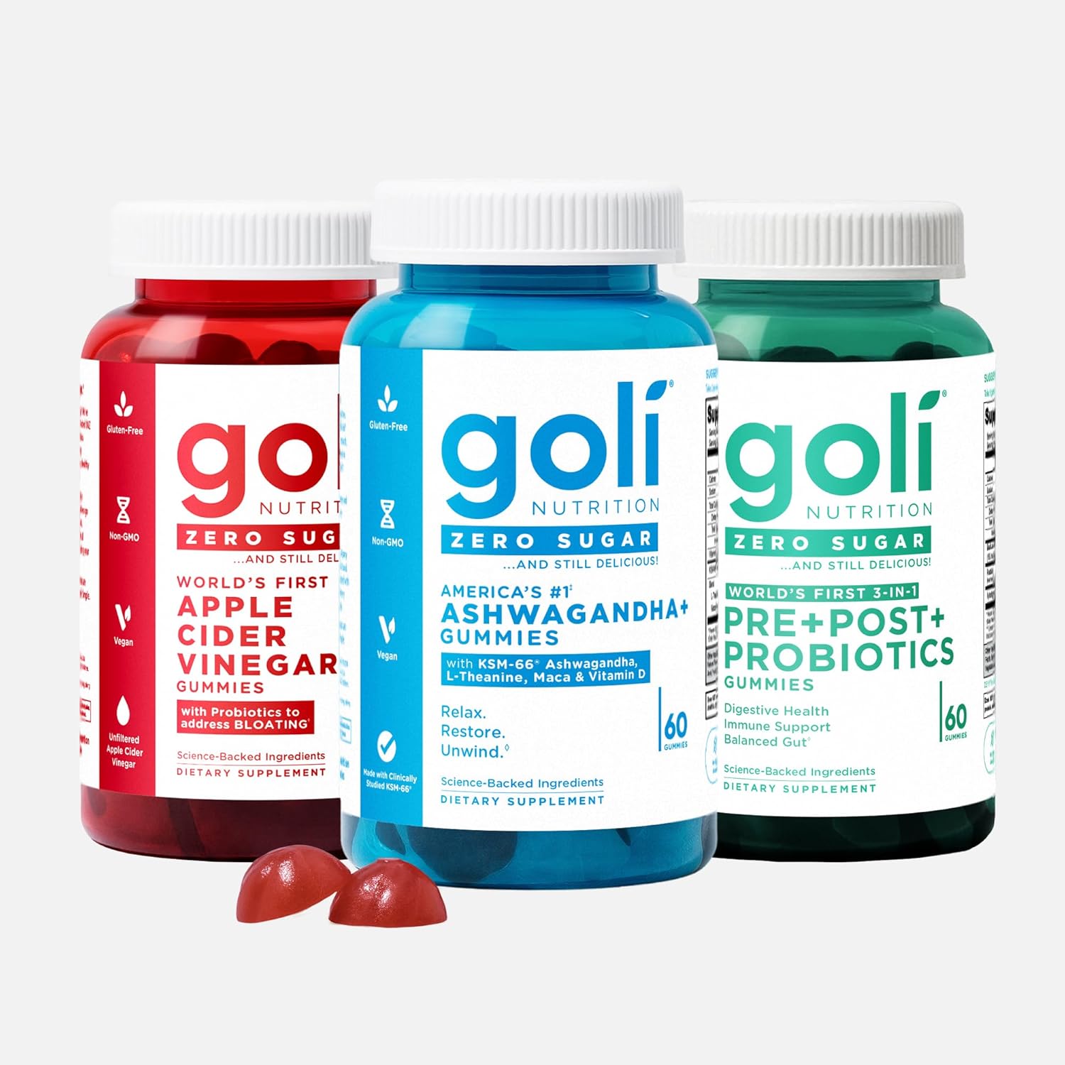 Goli Zero Sugar Trio - World's First 3-in-1 Pre, Post, Probiotic, Apple Cider Vinegar with Vitamin B12 and Probiotics, Ashwagandha & L-Theanine, Vitamin D Gummies