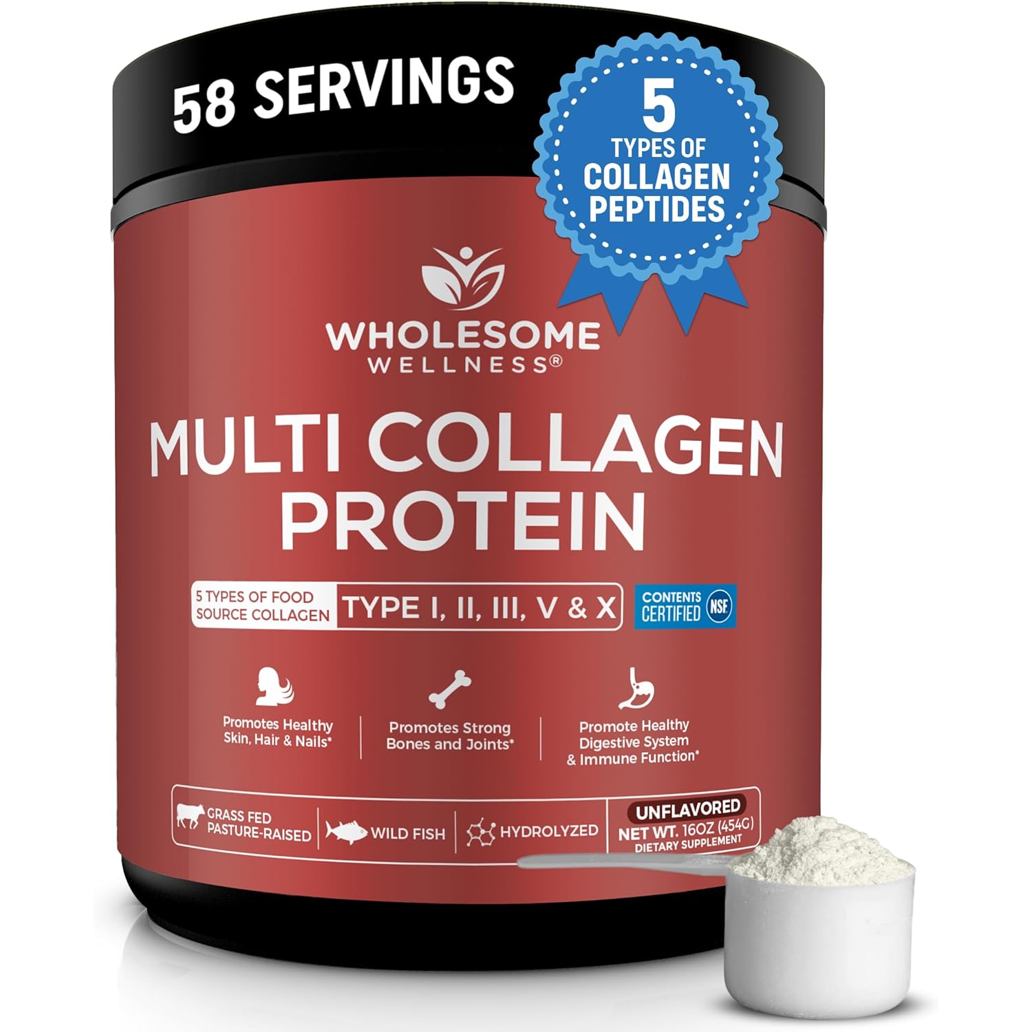 Wholesome Wellness Premium Multi Collagen Peptides Powder for Women and Men | 5 Types of Hydrolyzed Collagen | Grass-Fed, Non-GMO & Unflavored | Pure Protein for Youthful Skin & Joint Recovery
