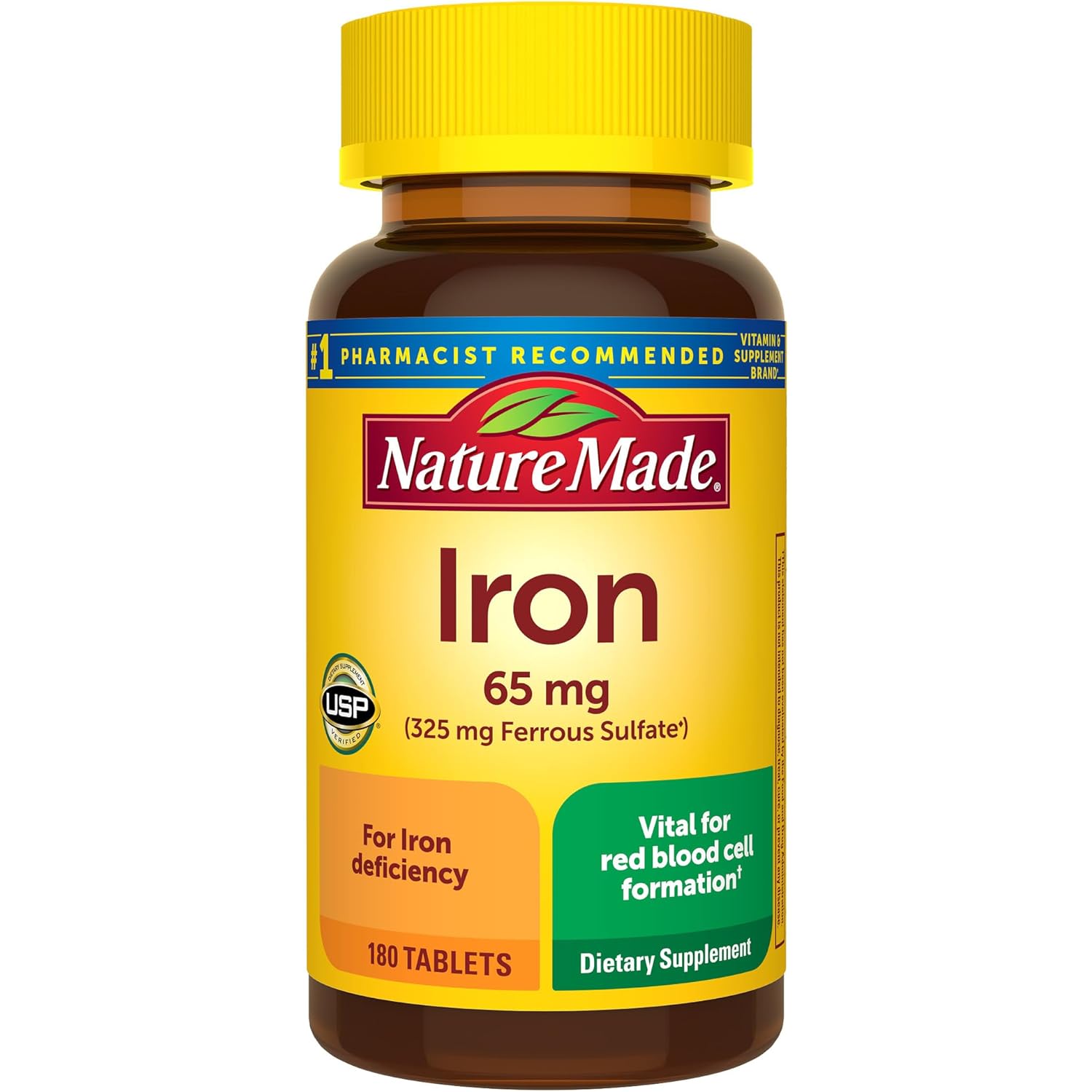 Nature Made Iron 65 mg (325 mg Ferrous Sulfate) Tablets, Dietary Supplement for Red Blood Cell Support, 180 Tablets, 180 Day Supply
