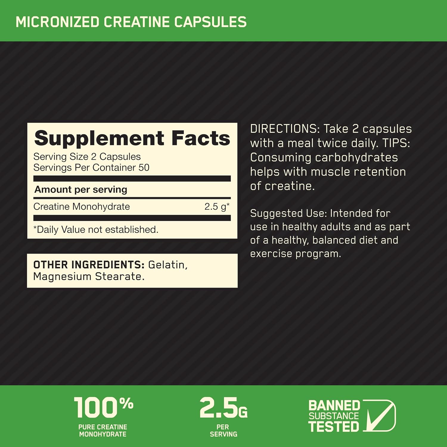 Optimum Nutrition Micronized Creatine Monohydrate Capsules, Keto Friendly, 2500mg, 100 Capsules - Image 2