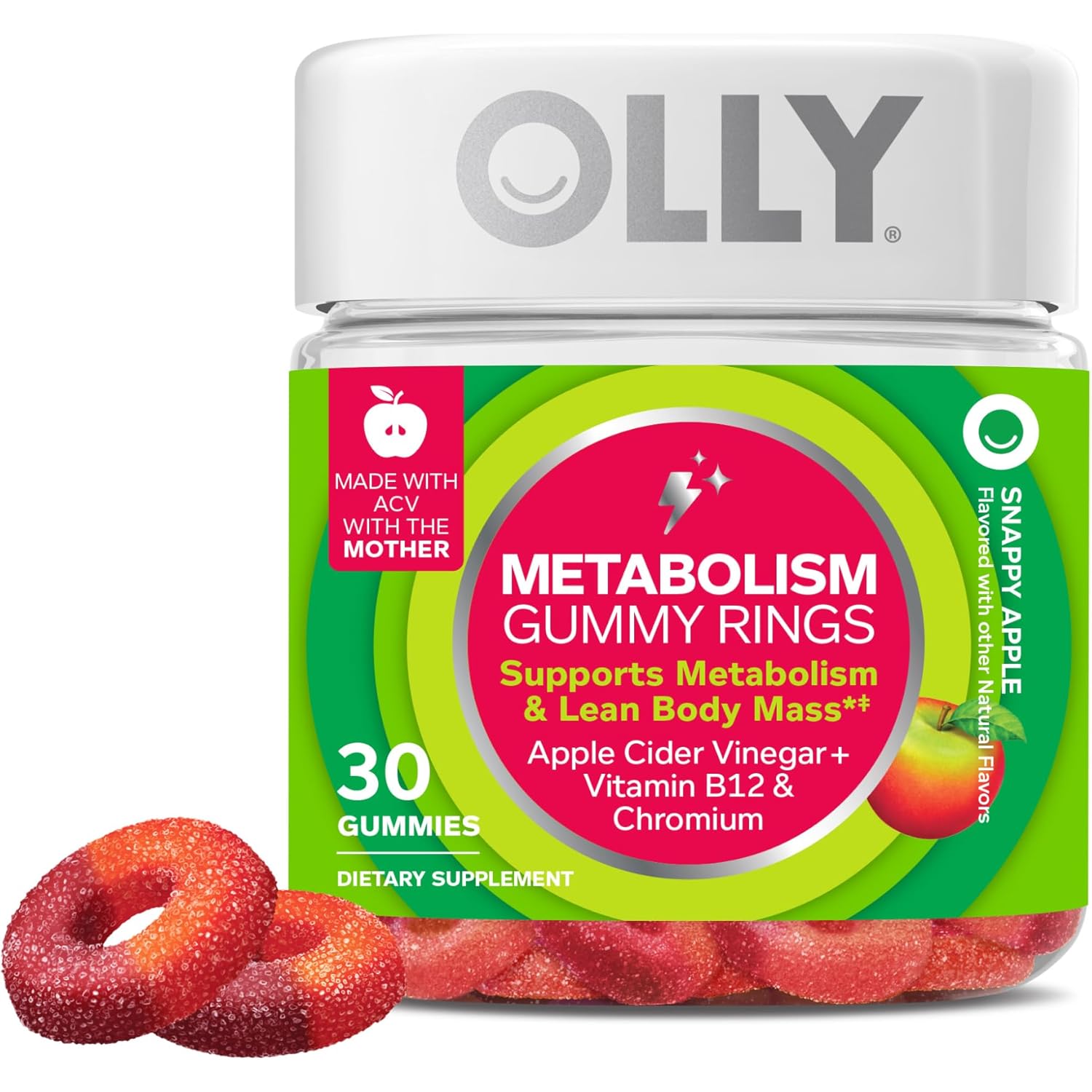 OLLY Metabolism Gummy Rings, Apple Cider Vinegar, Vitamin B12, Chromium, Energy and Digestive Health, Chewable Supplement, Apple Flavor - 30 Count